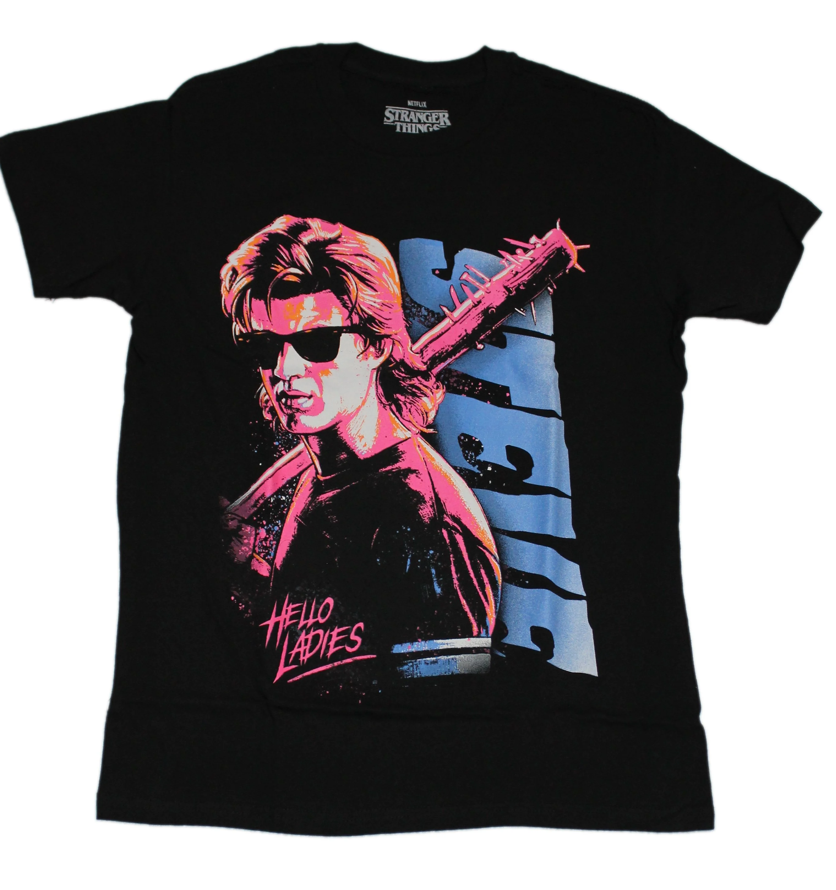 Stranger Things Mens T-Shirt - Steve Harrington Neon Hello Ladies! (Small)