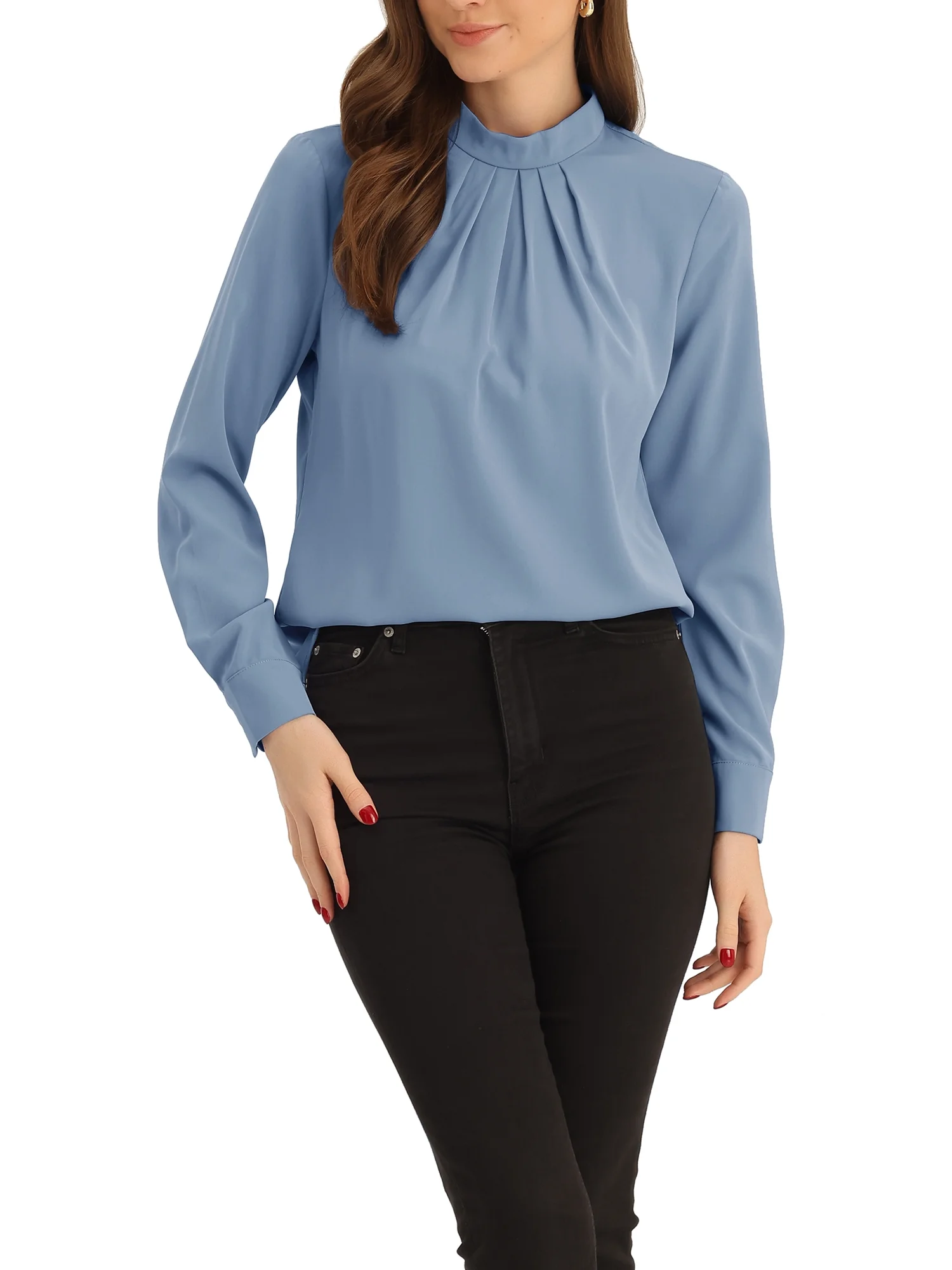 Allegra K Fall Winter Stand Collar Chiffon Blouse for Women's Long Sleeve Business Casual Work Shirt