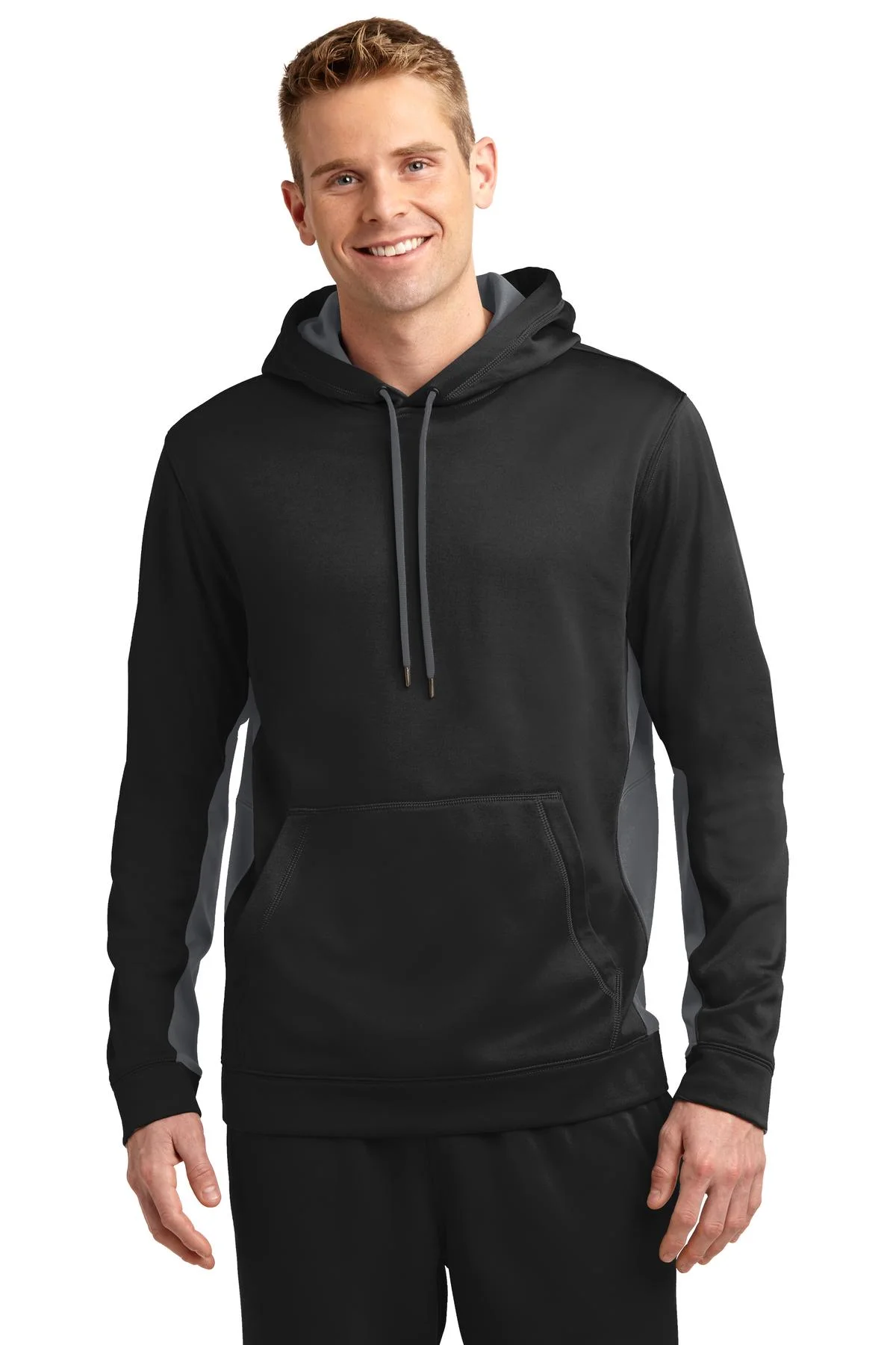 Sport-Tek Sport Wick Fleece Colorblock Hooded Pullover-L (Black/ Dark Smoke Grey)