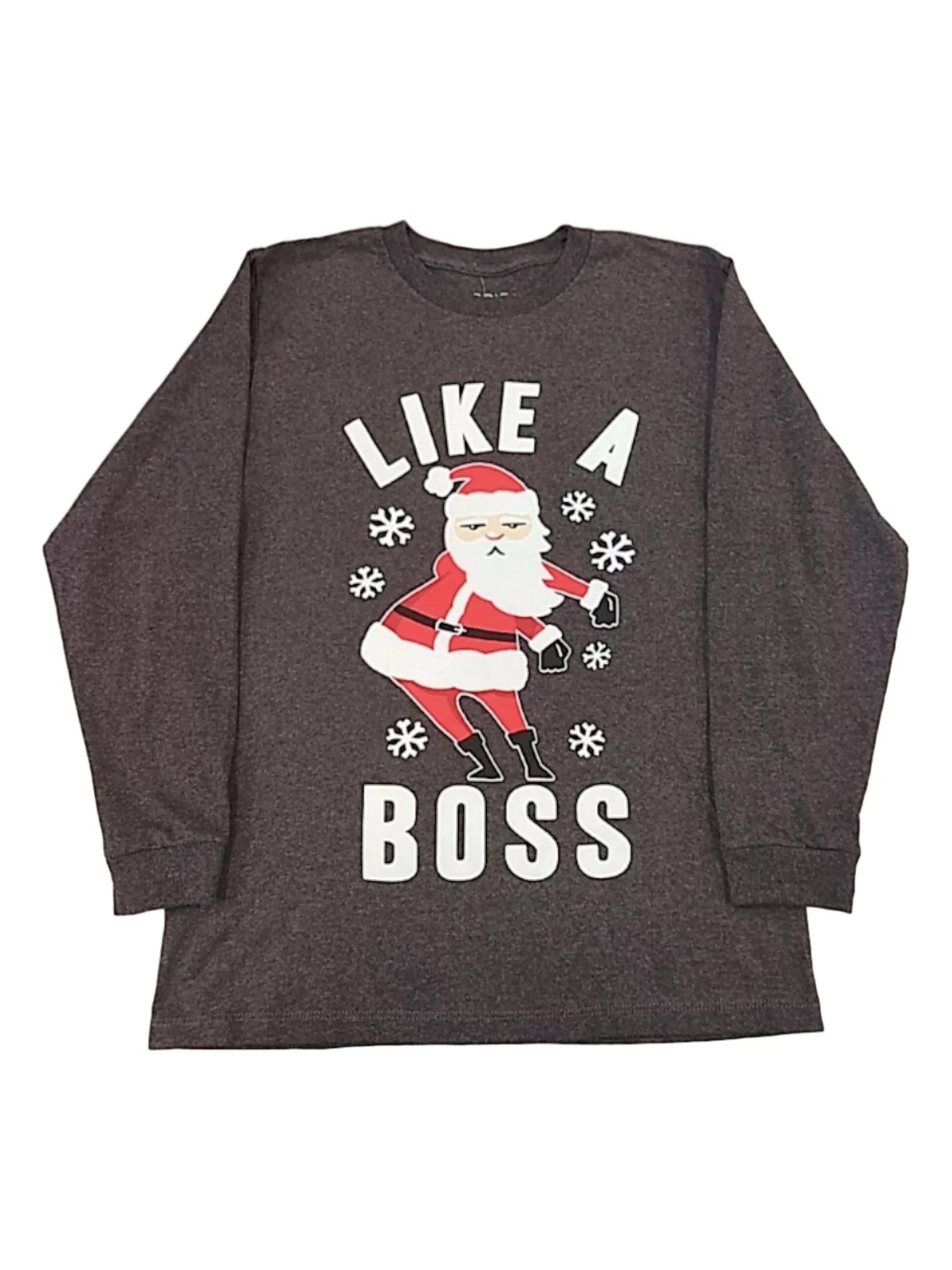 Boys Charcoal Gray Floss Like A Boss Santa Long Sleeve Christmas Shirt X-Large
