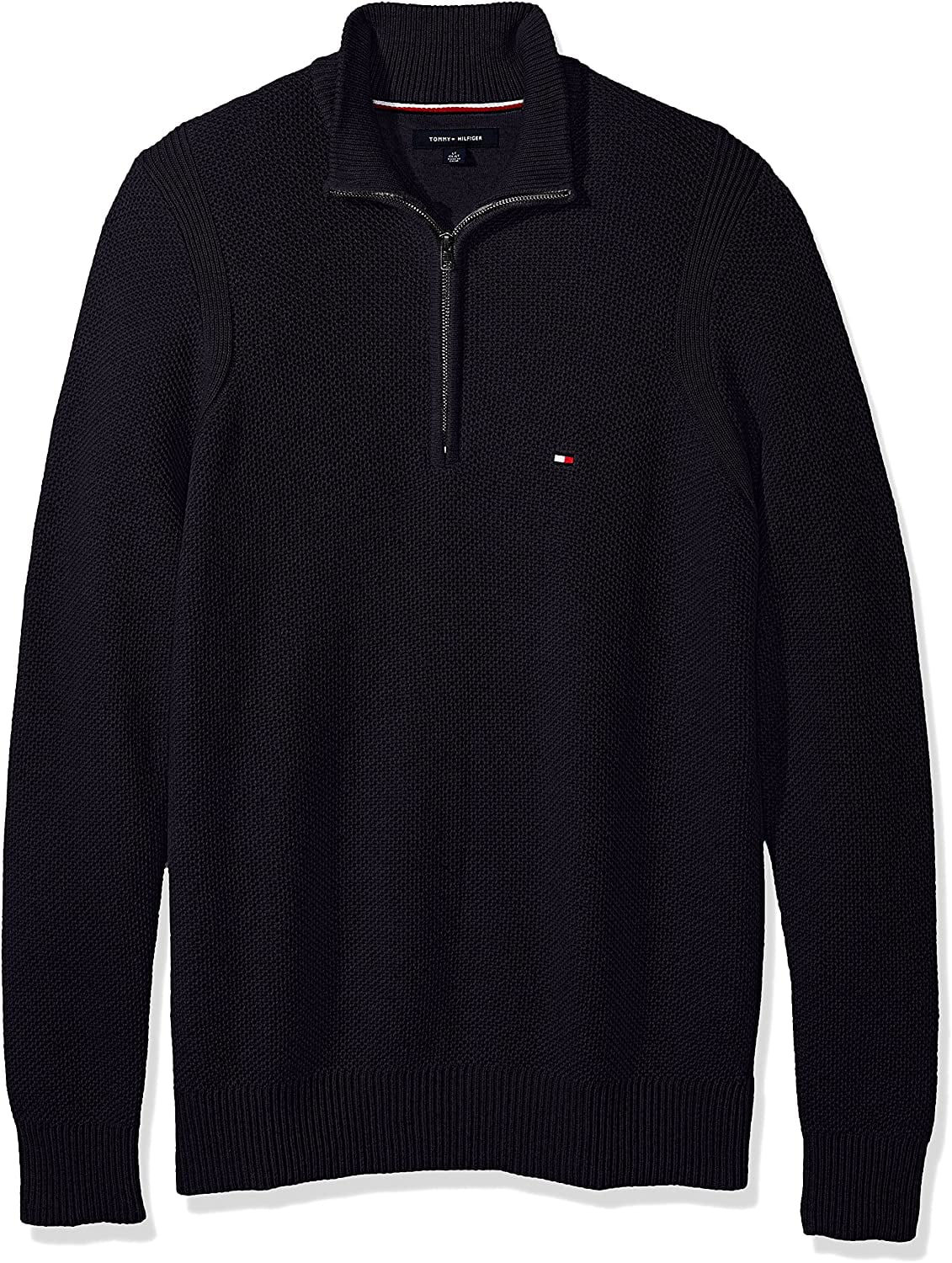 Tommy Hilfiger Men's Quarter 1/4 Zip Mesh Knit Cotton Mockneck Pullover Sweater, Size Medium, Color Navy