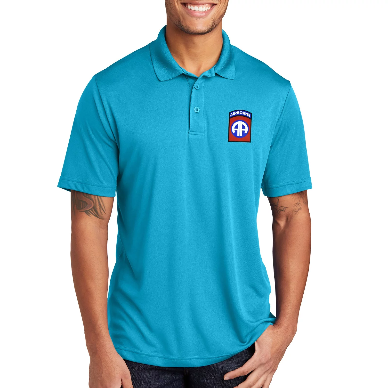 Big Size 82nd Airbourne Army Graphic Design PosiCharge Competitor Polo Tee Shirt - Atomic Blue XL