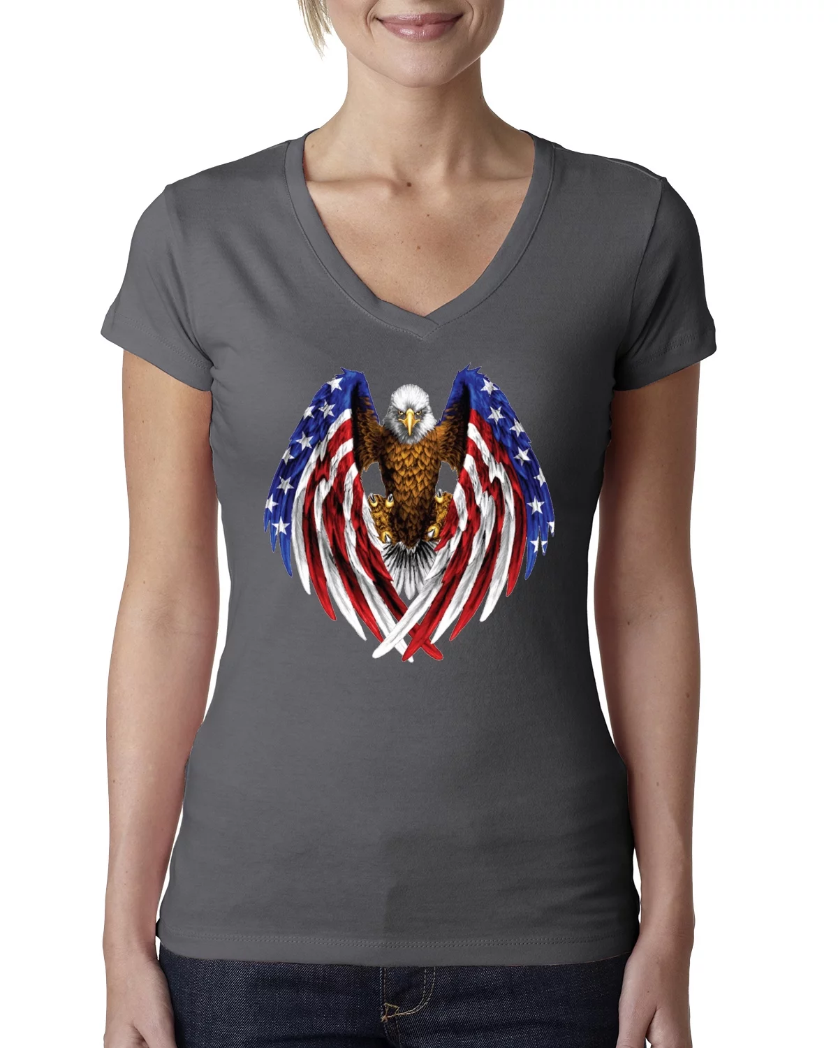 Eagle American Flag Wings USA Pride Americana / American Pride Womens Junior Fit V-Neck Tee, Dark Grey, Large