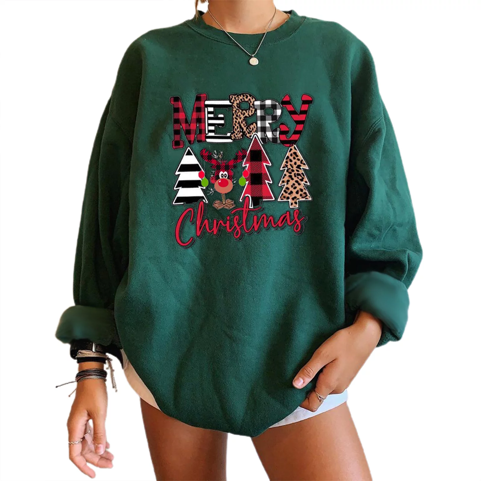 Nokiwiqis Female Pullover, Cartoon Patterns Print Round Neck Long Sleeve Tops