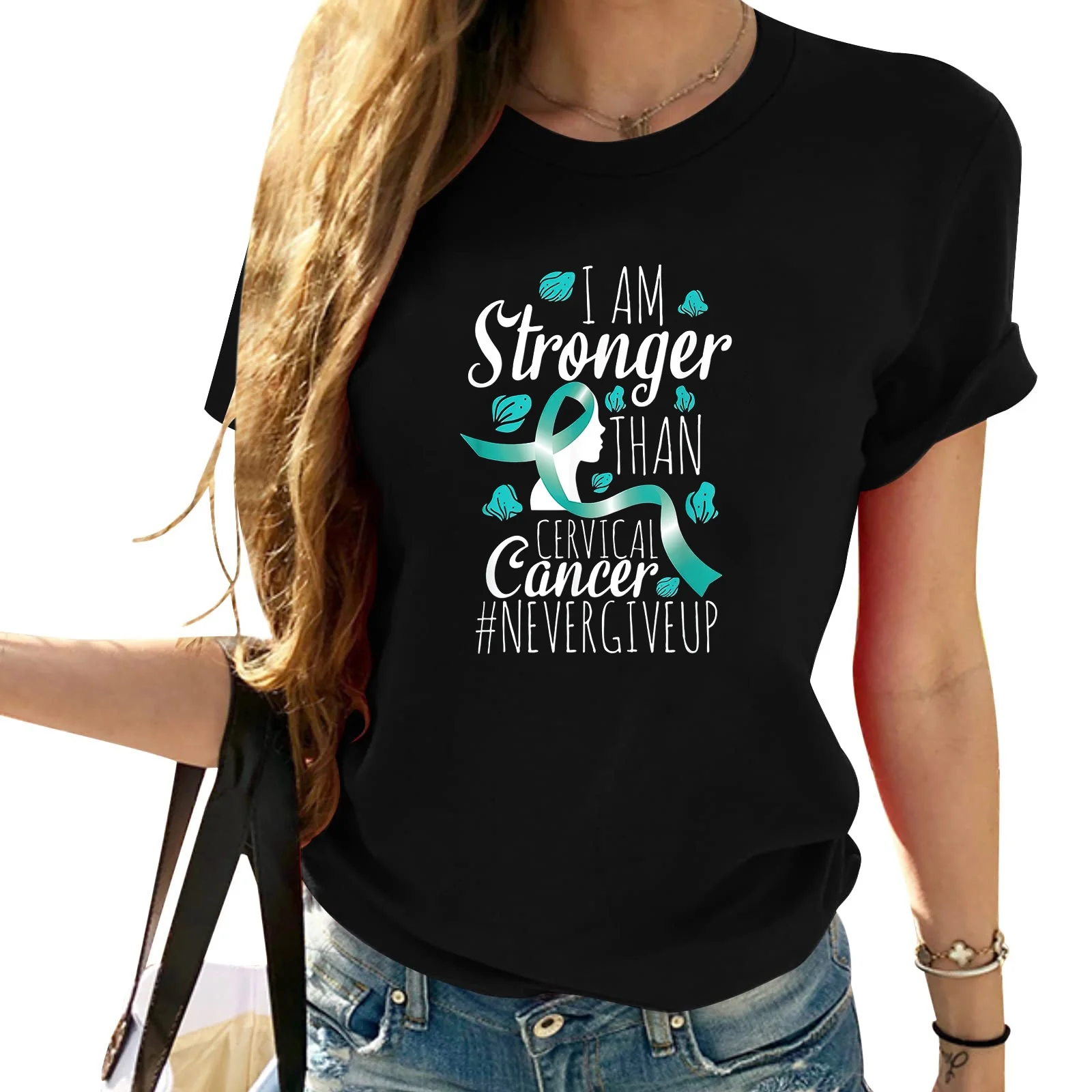 Womens Cervical Cancer Awareness Teal Ribbon I Am Stronger T-Shirt Black