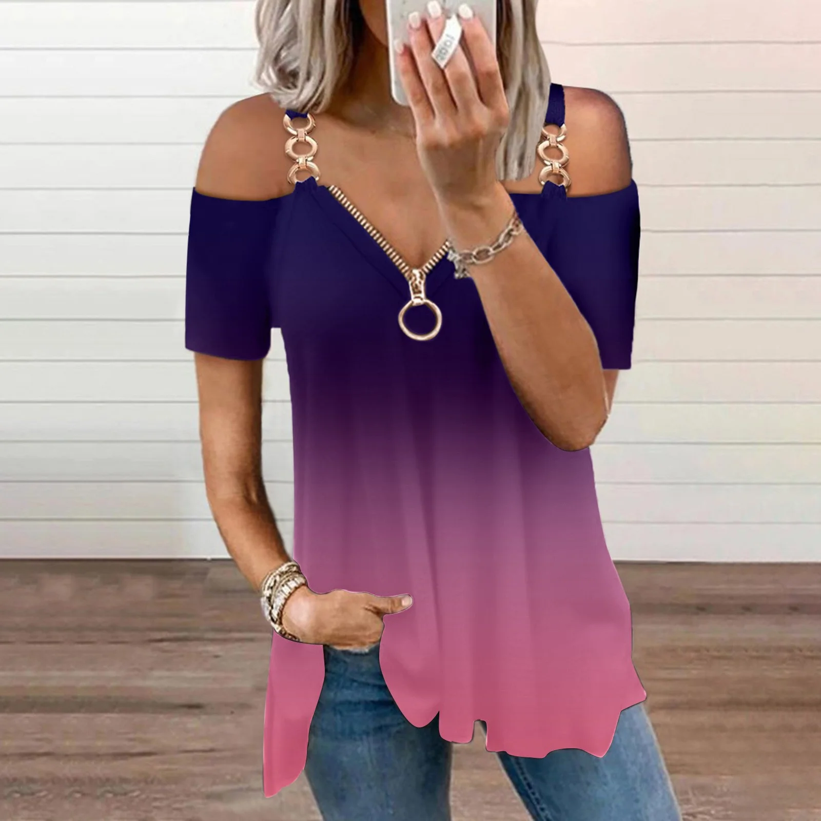 Patlollav Summer Womens Plus Size Clearance Tops,Ladies Zipper V-Neck Short Sleeve Print Strapless T-Shirt