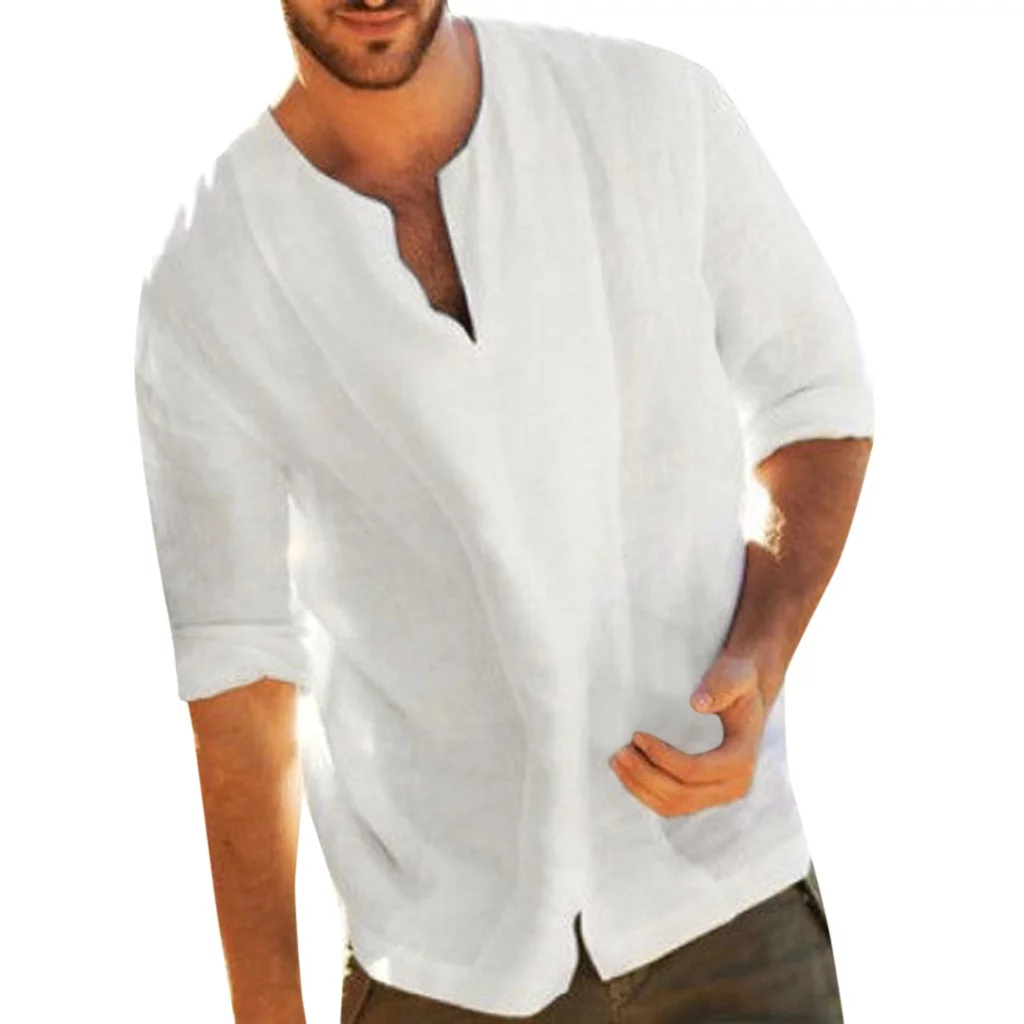 Mens Dress Shirts Slim Fit Men'S Baggy Cotton Blend Solid Color Three Quarter V Neck T-Shirts Tops Blouses