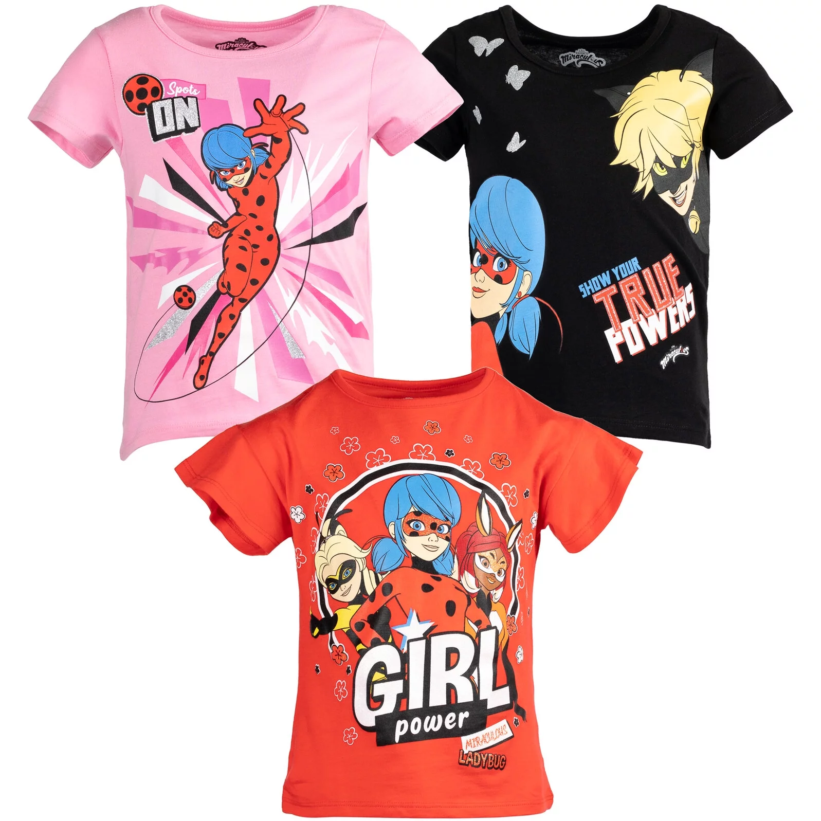 Miraculous Ladybug Cat Noir Rena Rouge Big Girls 3 Pack T-Shirts Little Kid to Big Kid