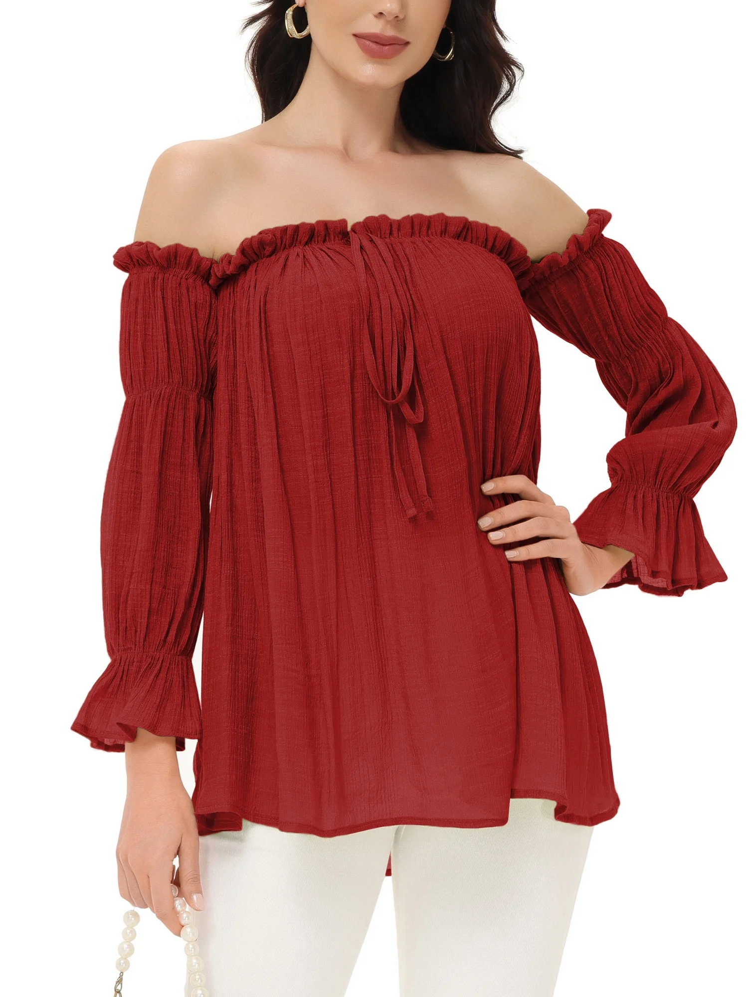 Steampunk Pirate Shirt Renaissance Peasant Blouse Off The Shoulder Long Sleeve Wench Top Lightweight, Red, Medium