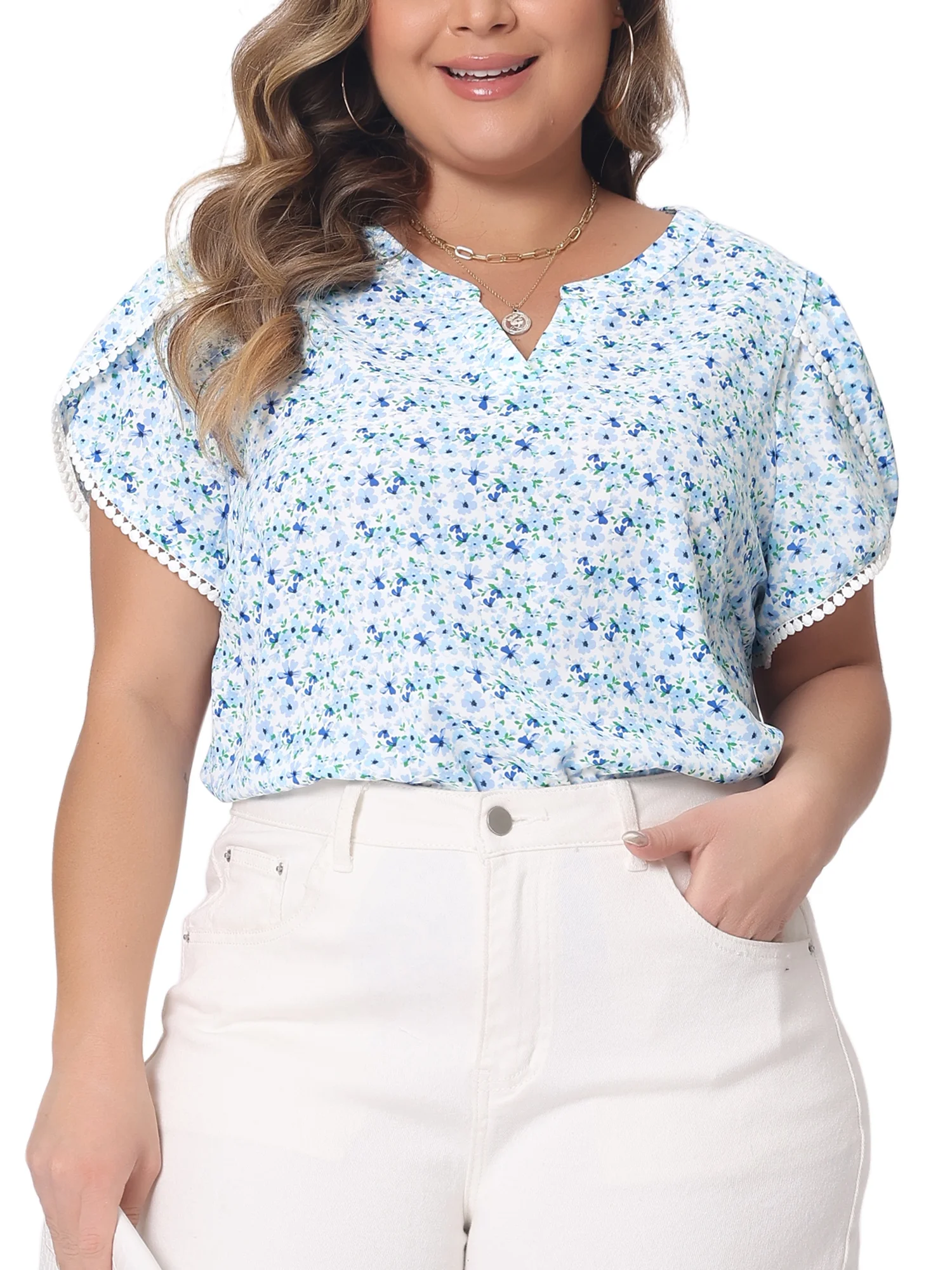 Agnes Orinda Plus Size Tops for Women Floral V Neck Tulip Sleeve T-Shirt Tee Summer Tops
