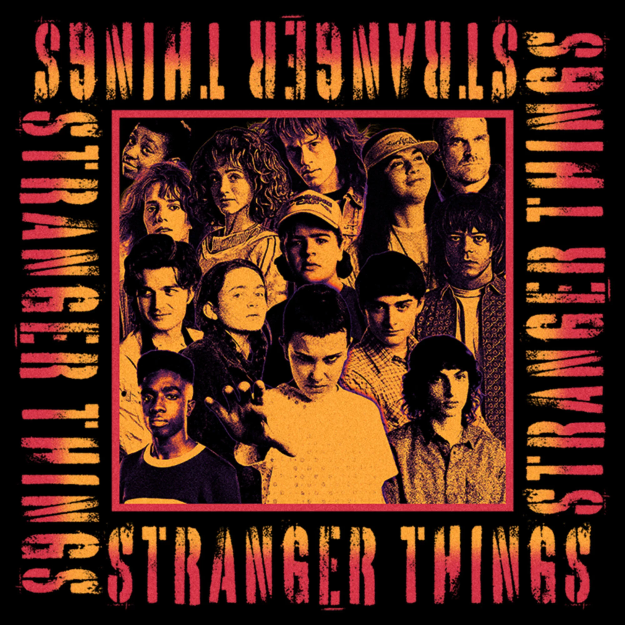 Men's Stranger Things Orange Group Shot Boxed Up Sweatshirt Black Large