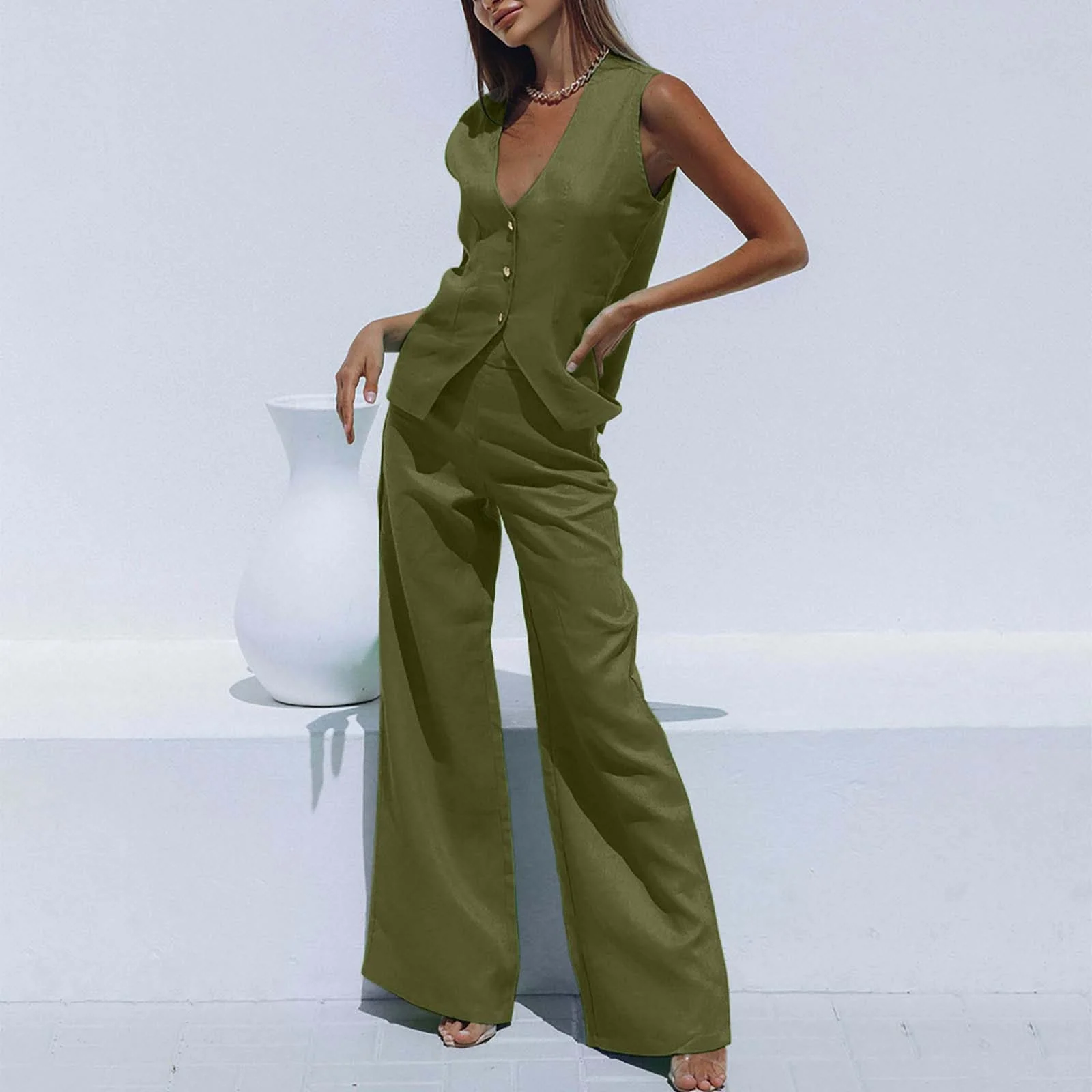 Womens Tank Tops Summer Sleeveless Shirts Women Fashion Casual V Neck Vest Vest Vest Pants Two Piece Set
