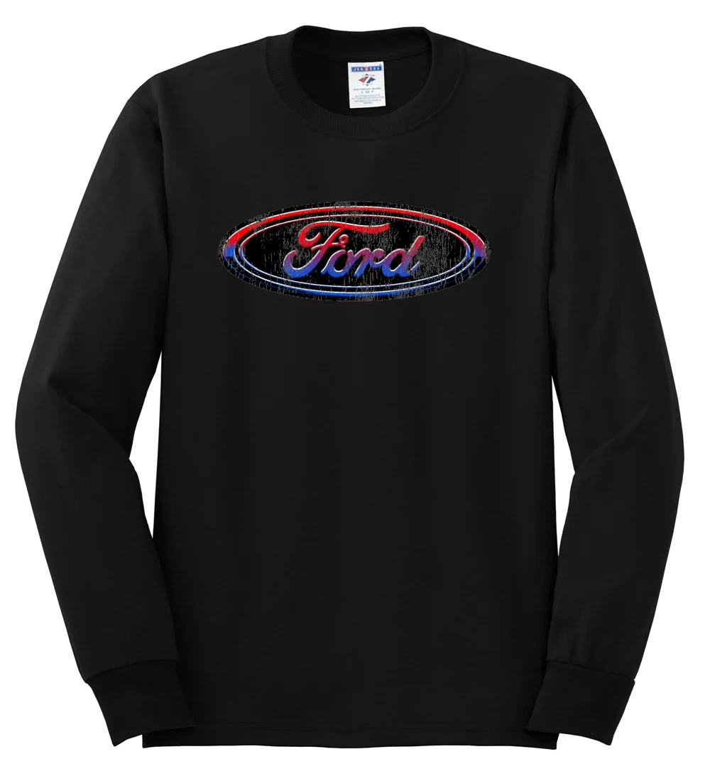 Red Blue and Black Ford Logo | Mens Cars and Trucks Long Sleeve T-Shirt, Black, Small