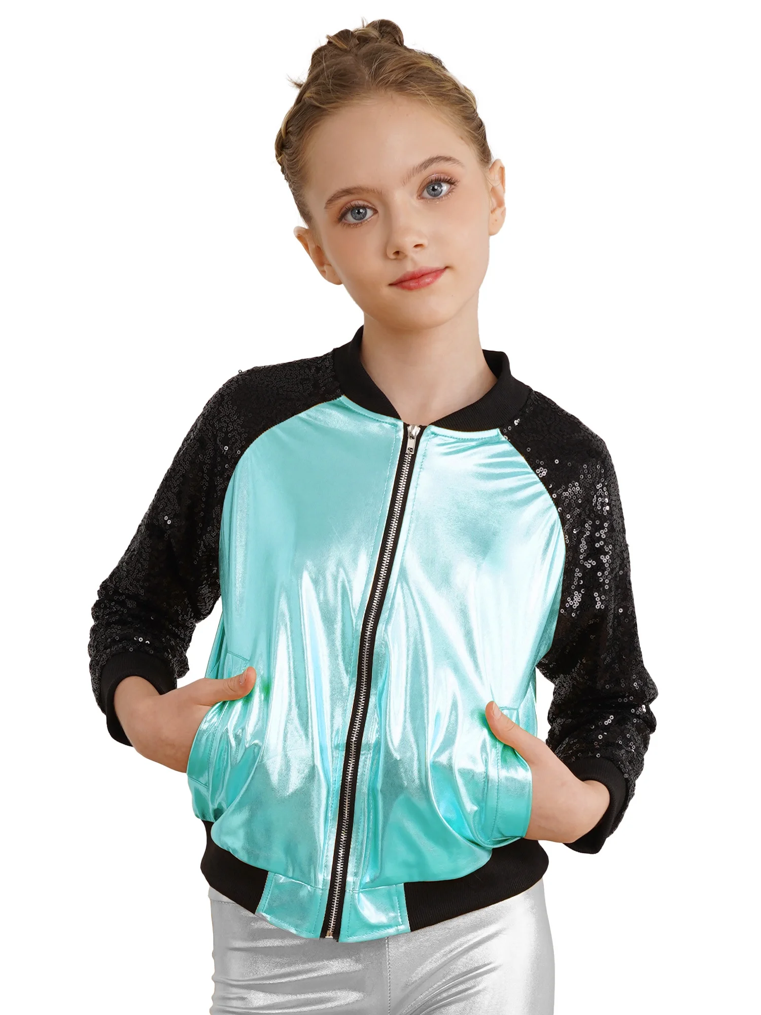 YEAHDOR Kids Girls Metallic Zip-Up Jacket Coat Outerwear Long Sleeve Tops for Jazz Hip Hop Dance Lake Blue 10