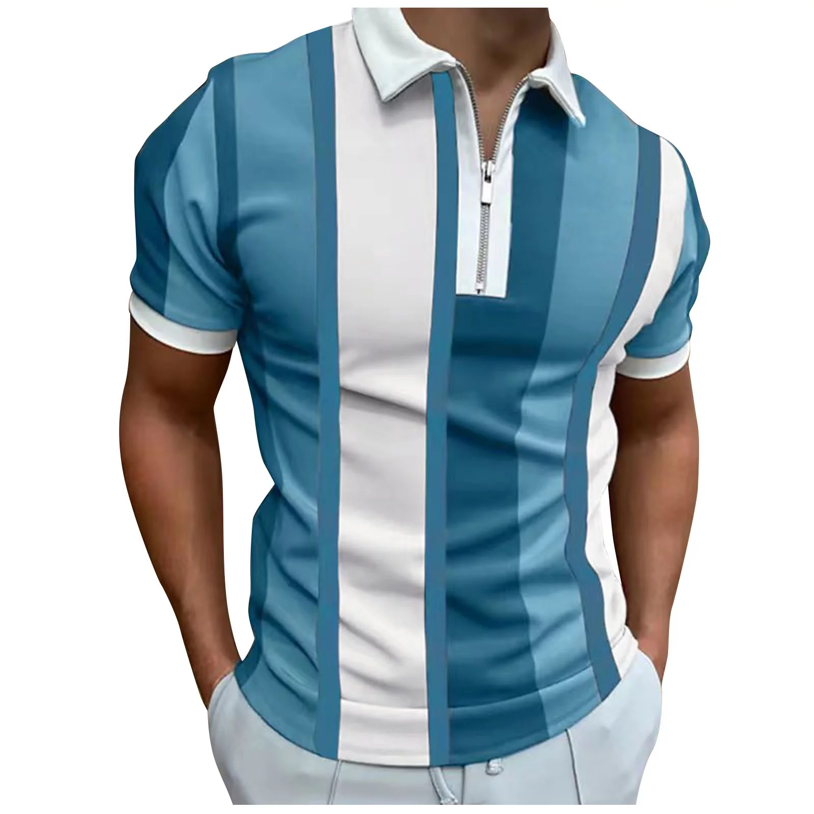 YongANs Men's Slim Fit Zipper Short Sleeve Shirts Color Block Turn Down Collar Casual Relaxed Daily Shirt