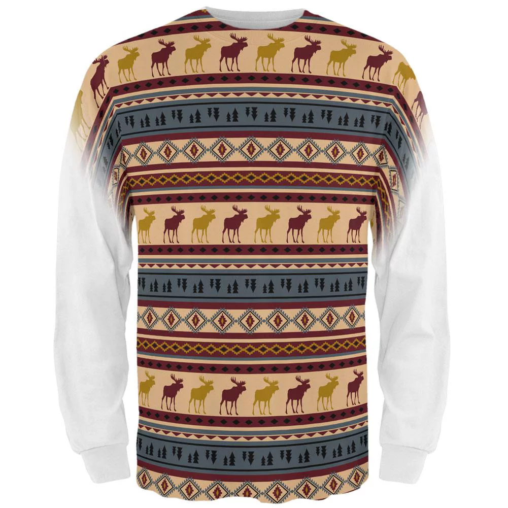 Autumn Moose Adirondack Pattern All Over Mens Long Sleeve T Shirt Multi MD