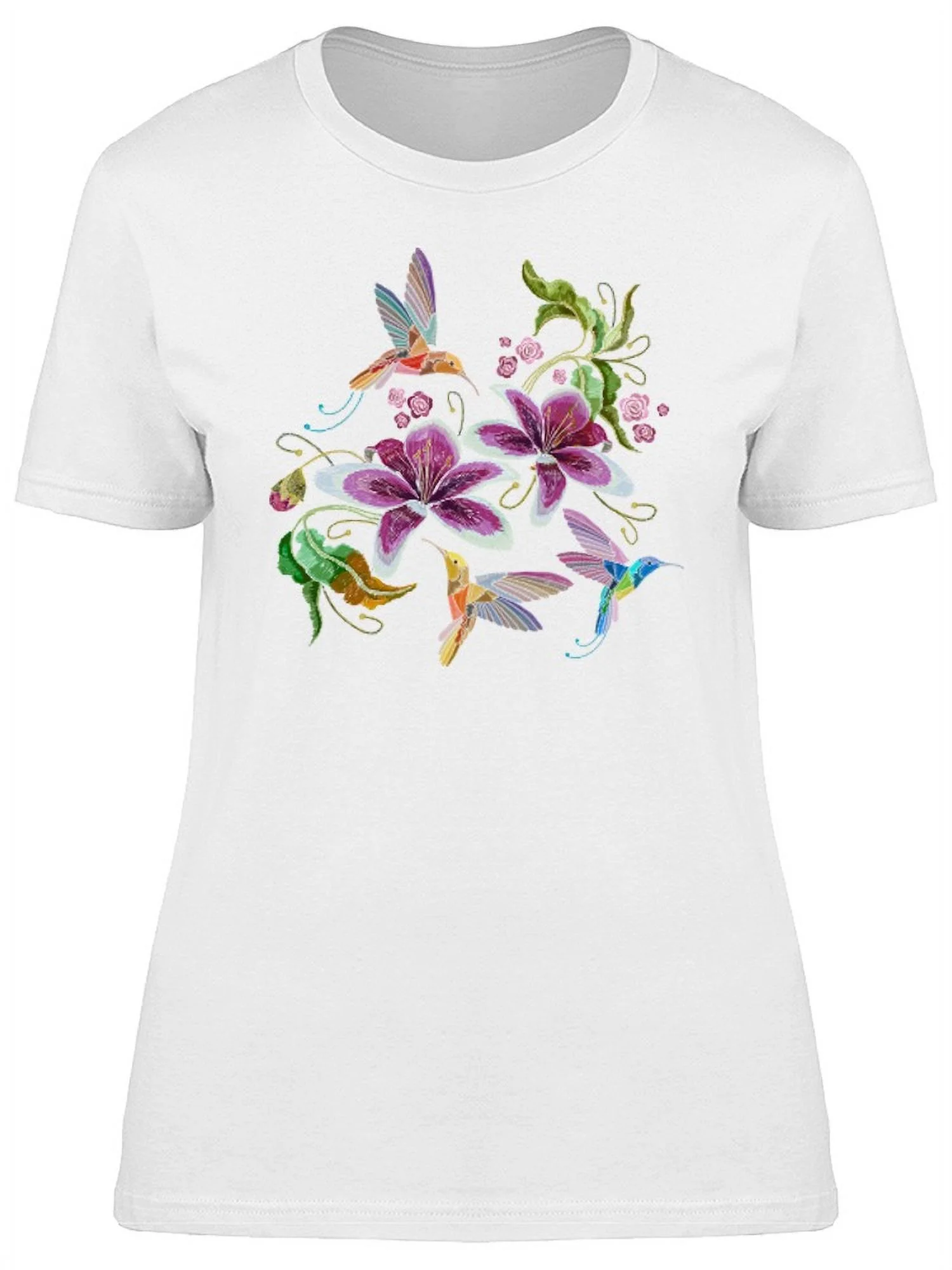 Three Hummingbirds With Flowers T-Shirt Women -Image by Shutterstock, Female Large