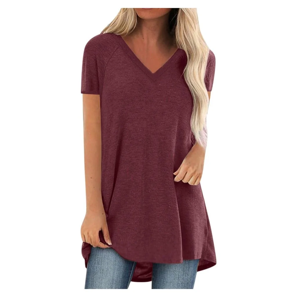 Wioihee Women'S Plus Size Print V Neck Blouse Short Sleeved Long T-Shirt (Red XXXL)