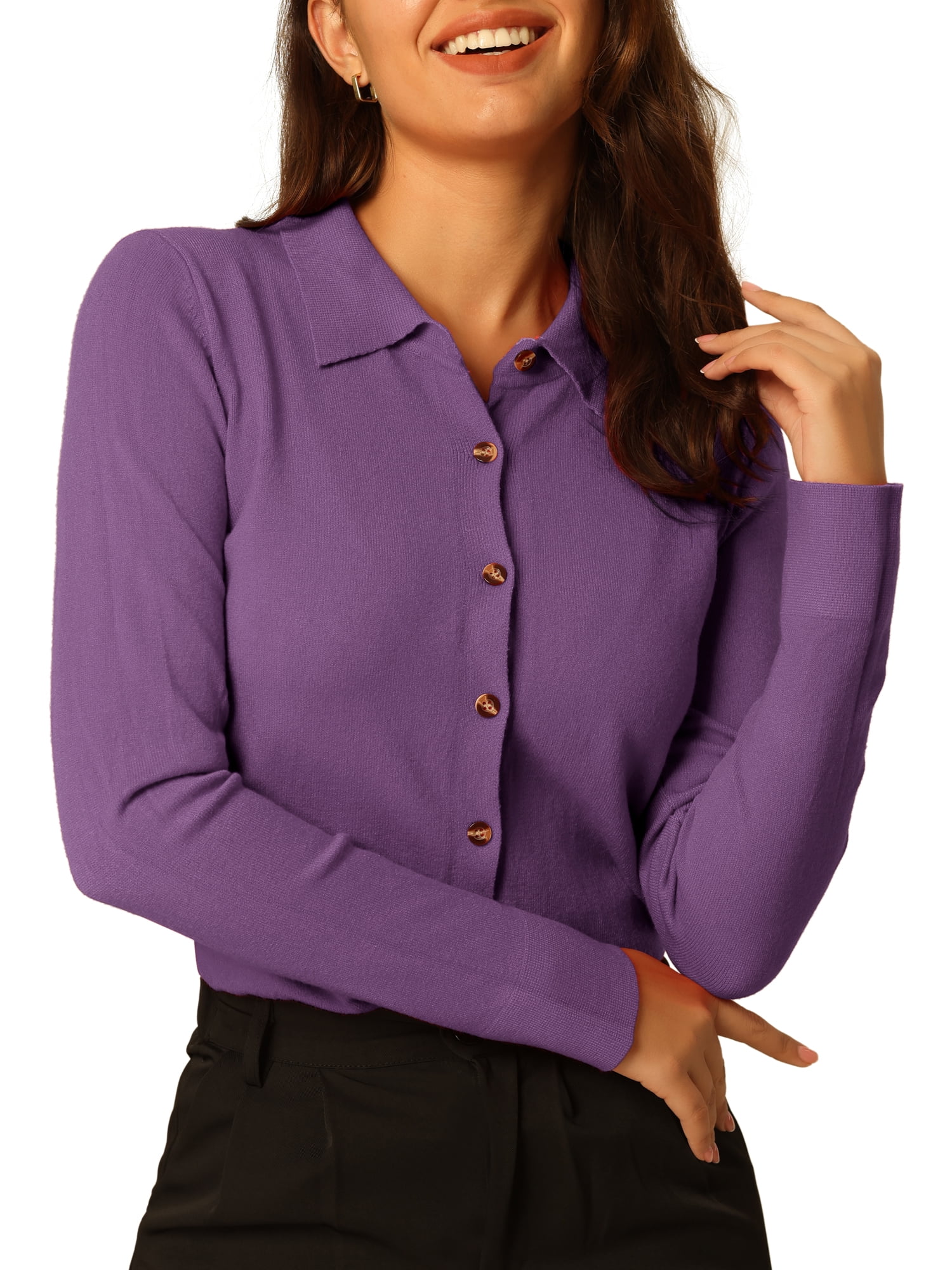 Unique Bargains Women's Turn Down Collar Blouse Long Sleeve Basic Knitted Tops