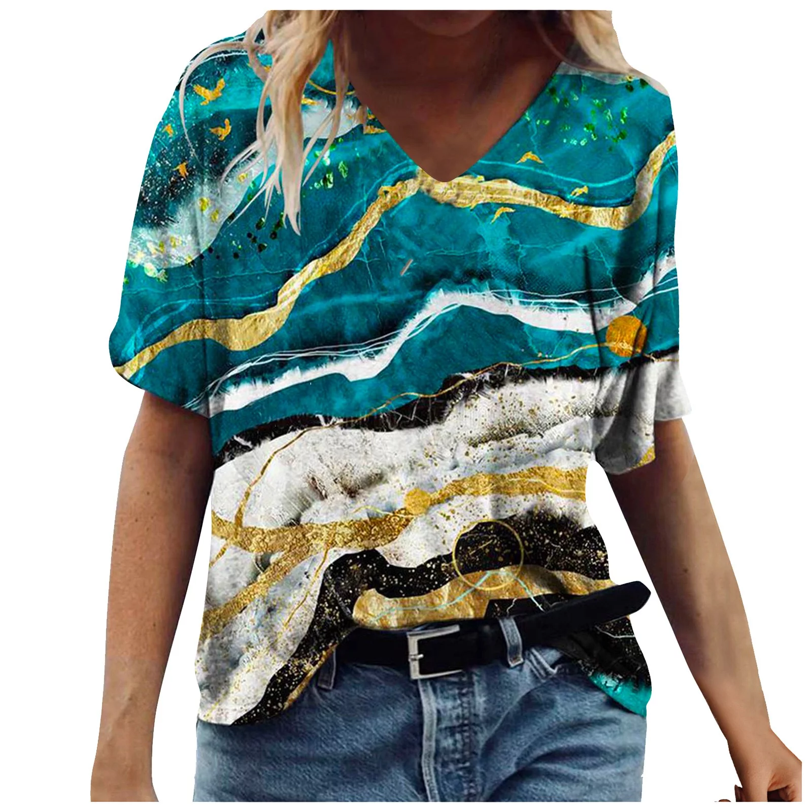 HONHUZH Womens Shirts,Ladies Clearance,Women's Summer Printed Short Sleeve V-Neck T-Shirt Casual Tee Tops