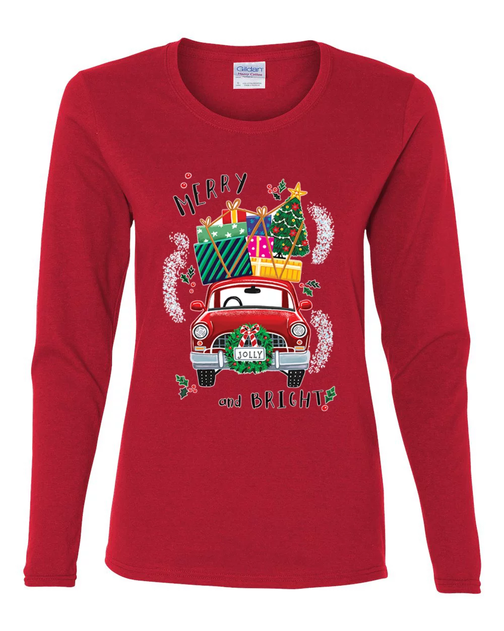 Merry and Bright Red Car Christmas Womens Graphic Long Sleeve T-Shirt, Red, Large
