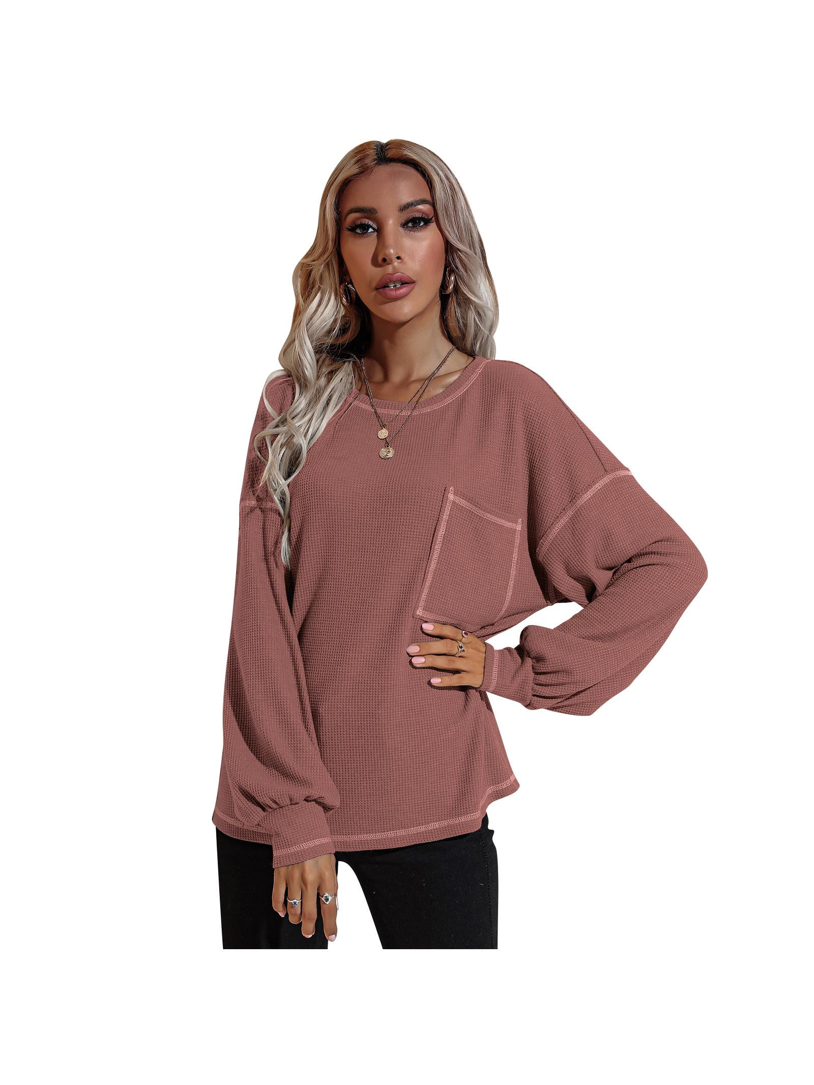 LACOZY Women Knit Waffle Crewneck T-Shirt Pocket Long Sleeve Casual Pullover Sweatshirt Loose