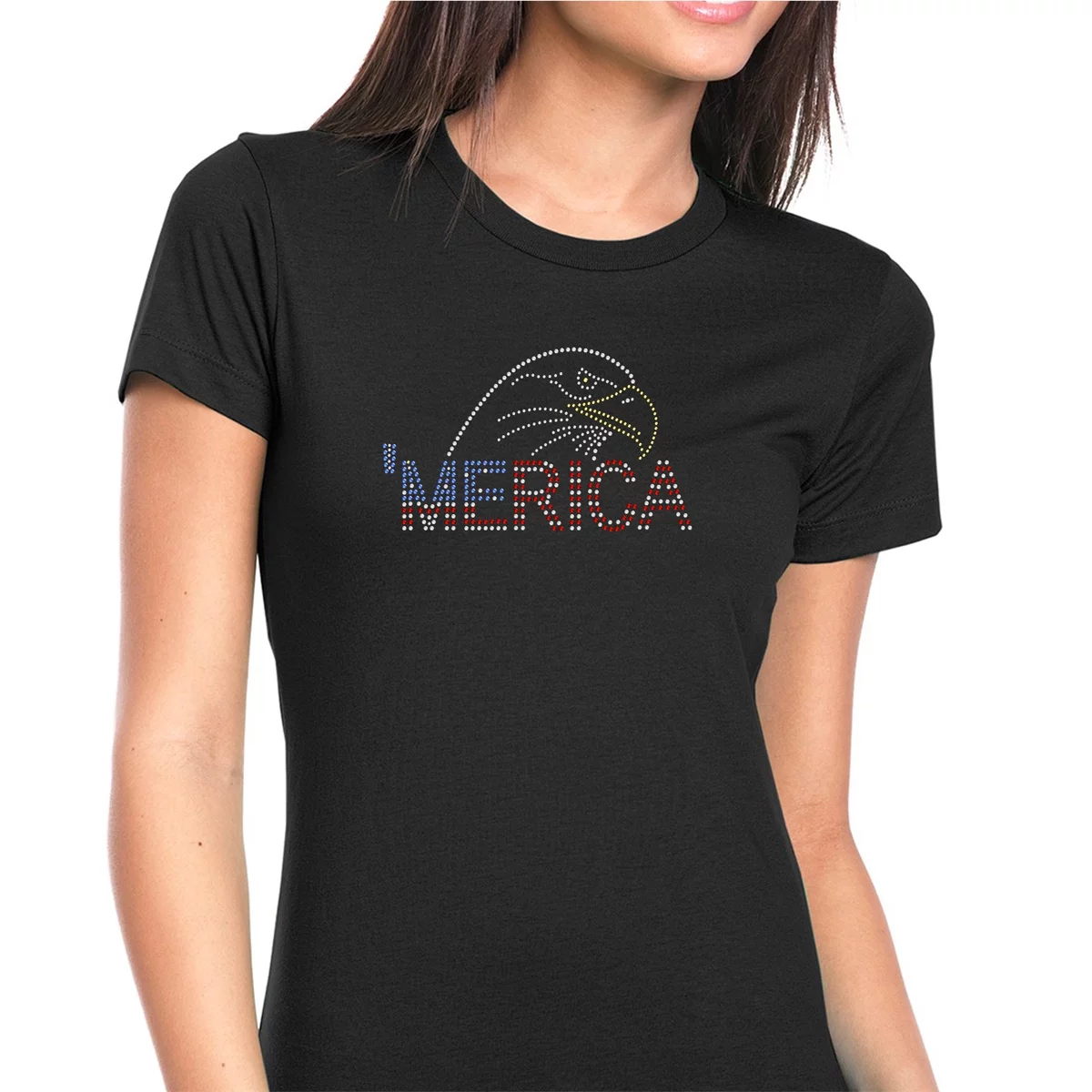 Womens T-Shirt Rhinestone Bling Black Tee America Bald Eagle Flag Crew Neck Large