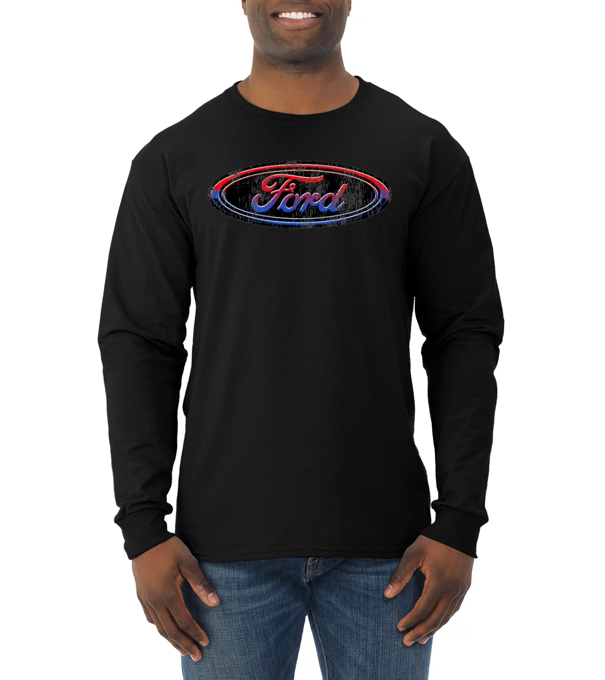 Red Blue and Black Ford Logo | Mens Cars and Trucks Long Sleeve T-Shirt, Black, Small