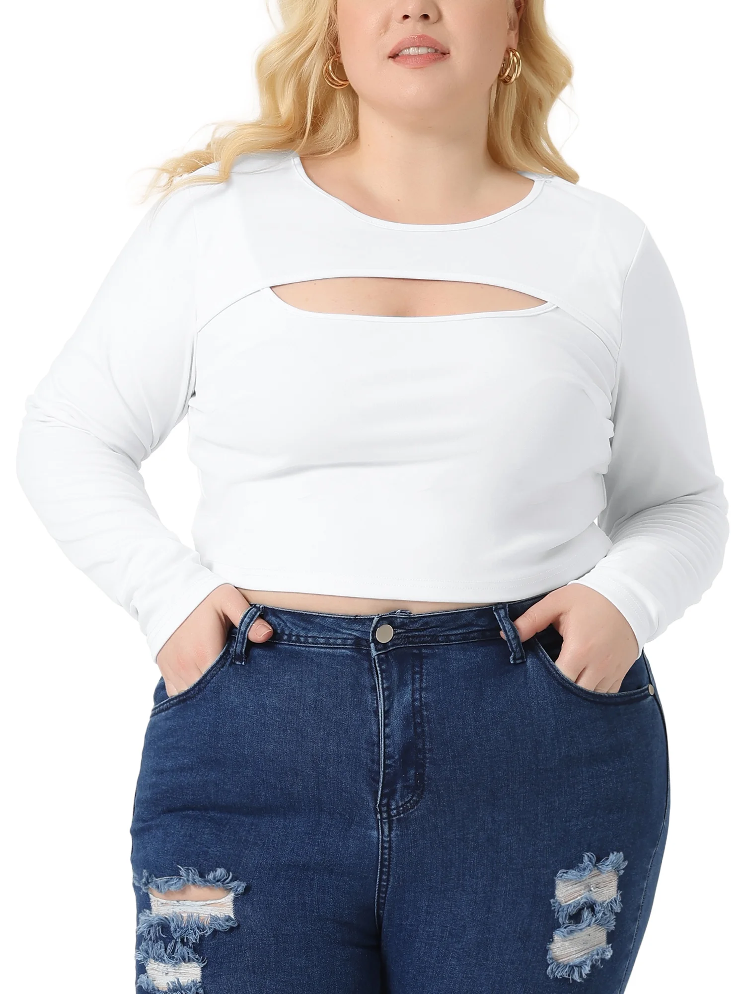Unique Bargains Women Plus?Size Long Sleeve Round Neck Cut Out Front Fitted T-Shirts 1X White