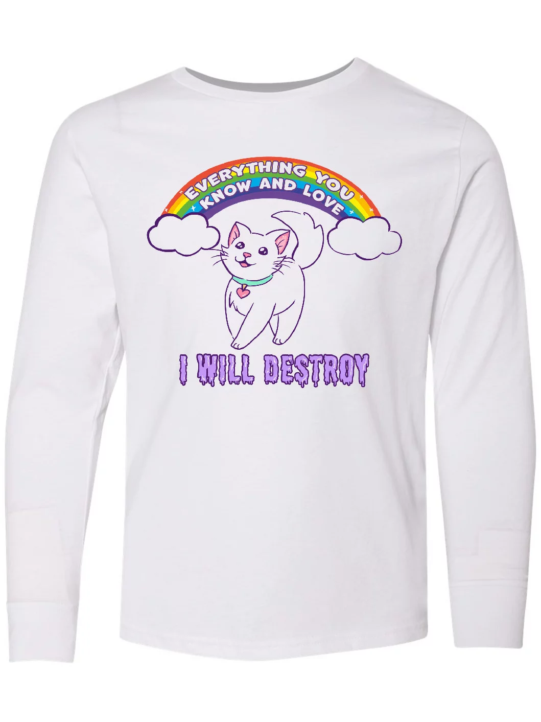Inktastic I Will Destroy Everything You Know and Love Rainbow Kitty Long Sleeve Youth T-Shirt