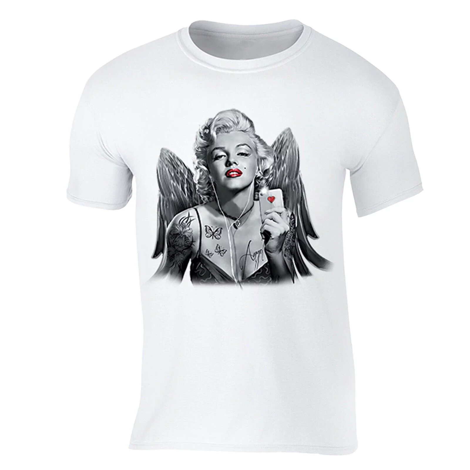 XtraFly Apparel Men's Marilyn Monroe angel T-shirt Selfie Cell Phone Tattoo Heart Love Red Lips Shirt