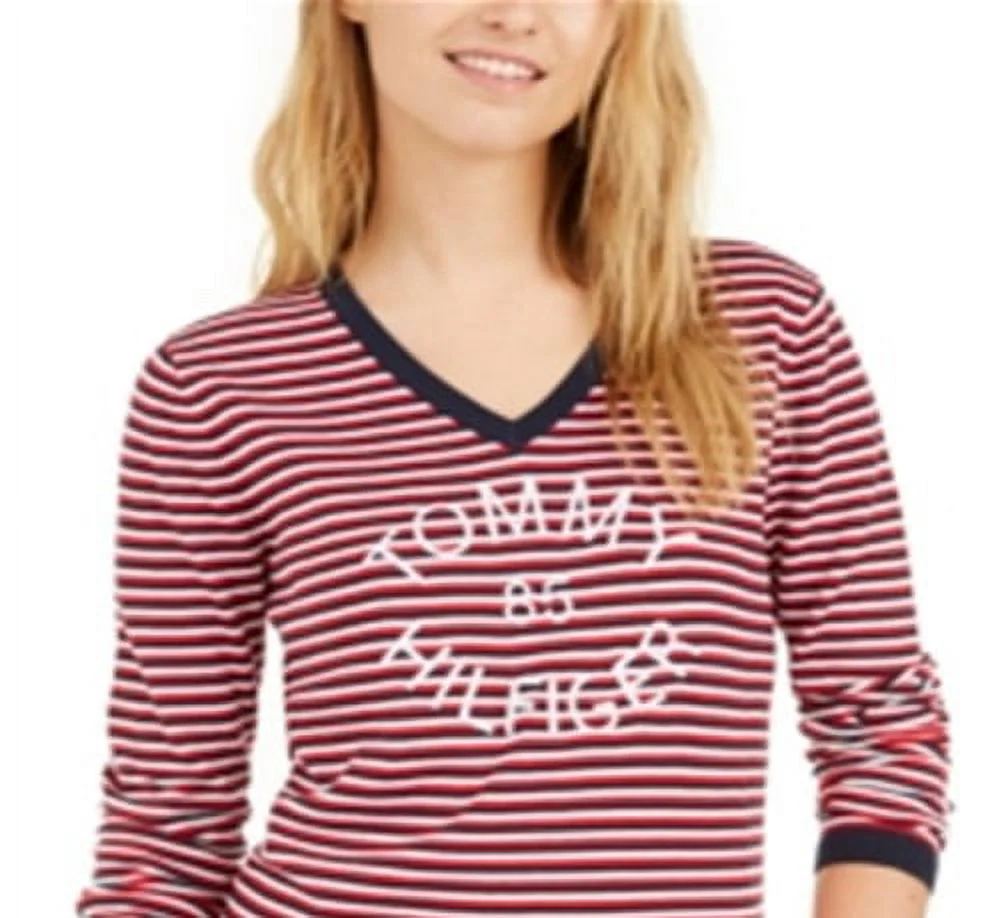 Tommy Hilfiger Women's Cotton Striped V Neck Sweater -Red Size XX-Large