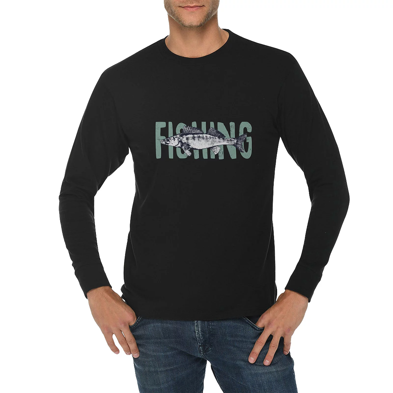 Oversized Vintage Fishing Vibes Graphic Long Sleeve Crewneck Tee - Black 3XL