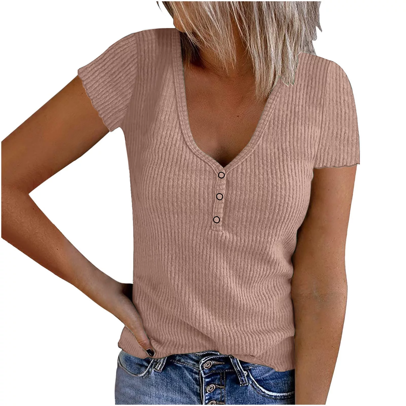 Women Henley Tee Shirts Casual Button V Neck Ribbed TShirts Tops Solid Color Summer Tees Slim Fitting Blouses