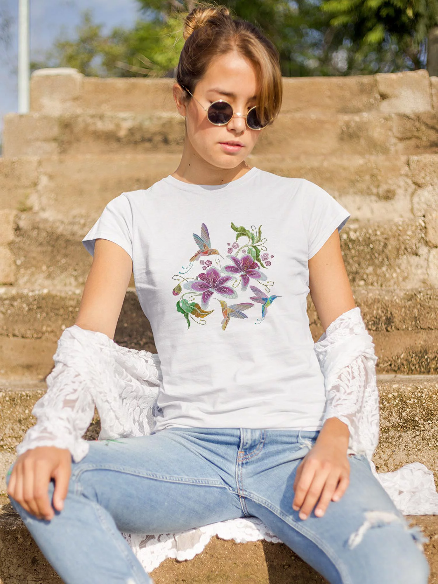 Three Hummingbirds With Flowers T-Shirt Women -Image by Shutterstock, Female Large