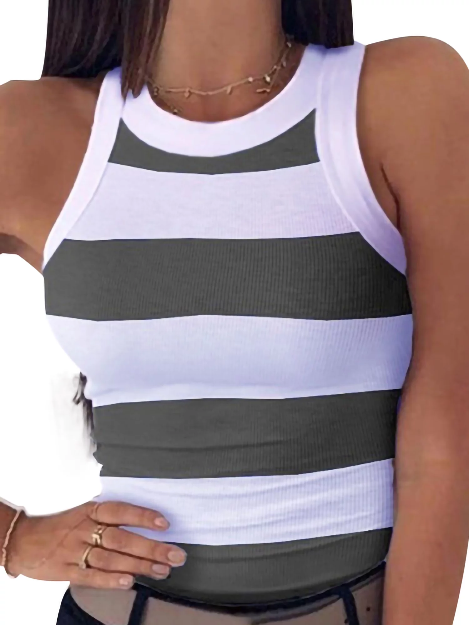 Niuer Women Summer Top Racer Back T Shirts Striped Tank Tops Soft Tee Sleeveless Blouse Gray L