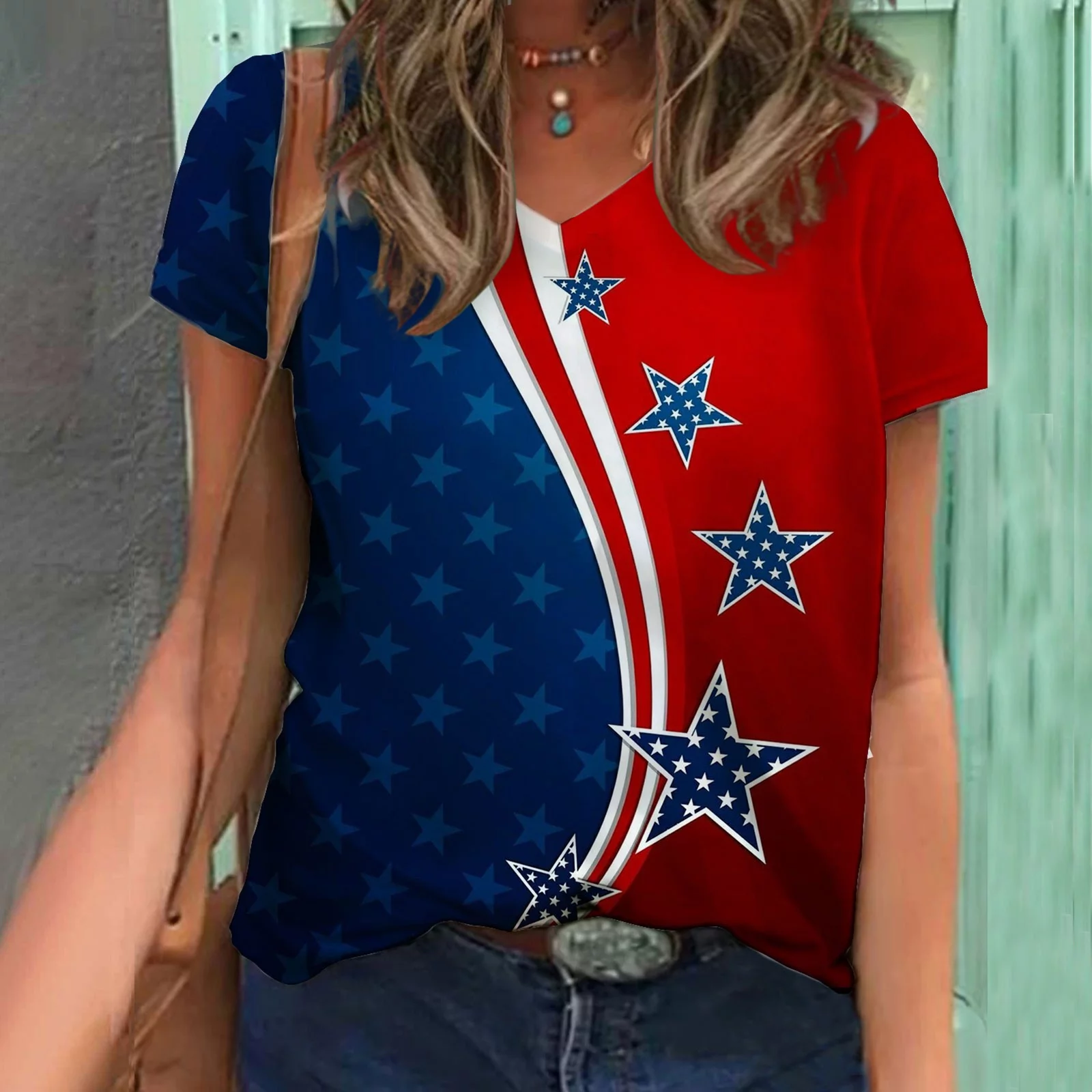 Patlollav Womens Plus Size Clearance Women Fashion Summer V-Neck Short Sleeve Print Casual T-Shirt Blouse