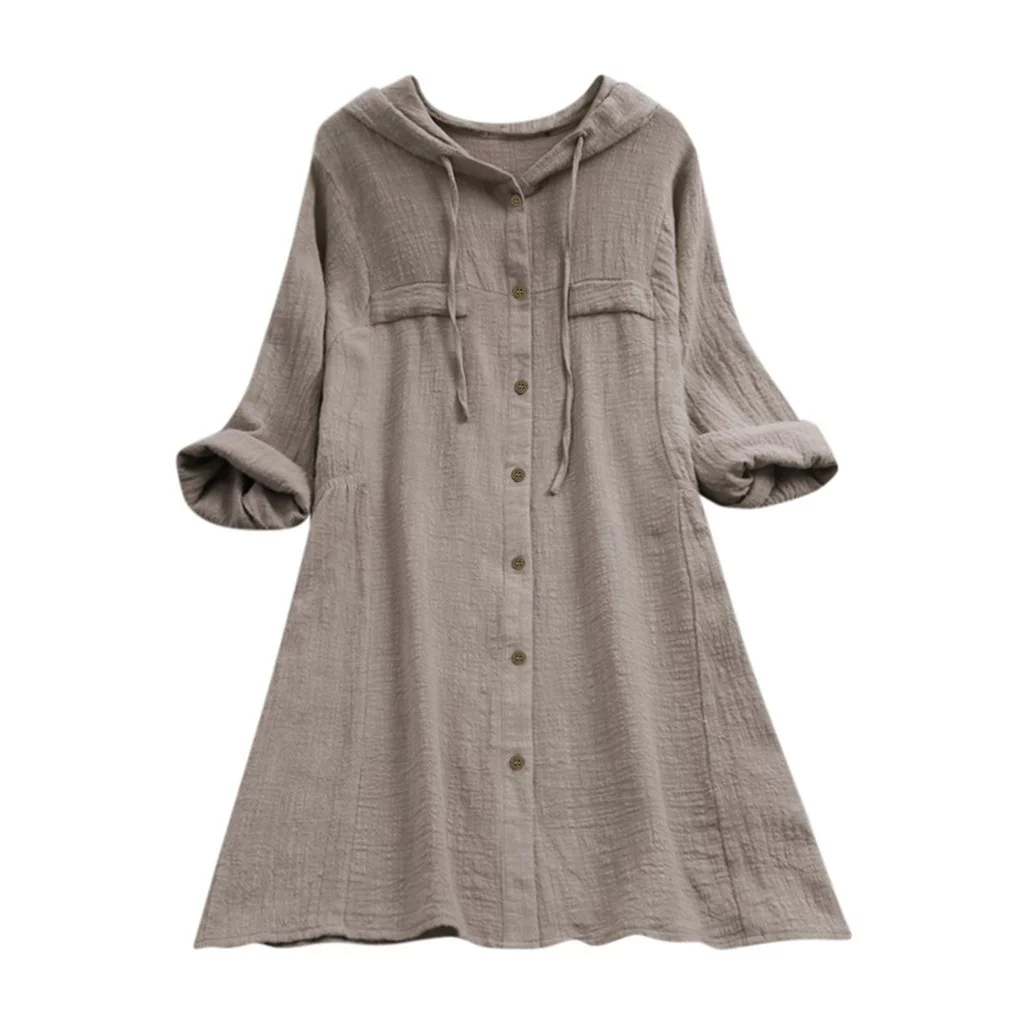 Lokieas Womens Casual Button Plus Size Cotton Tops Tee Shirt Hooded Pocket Loose Blouse