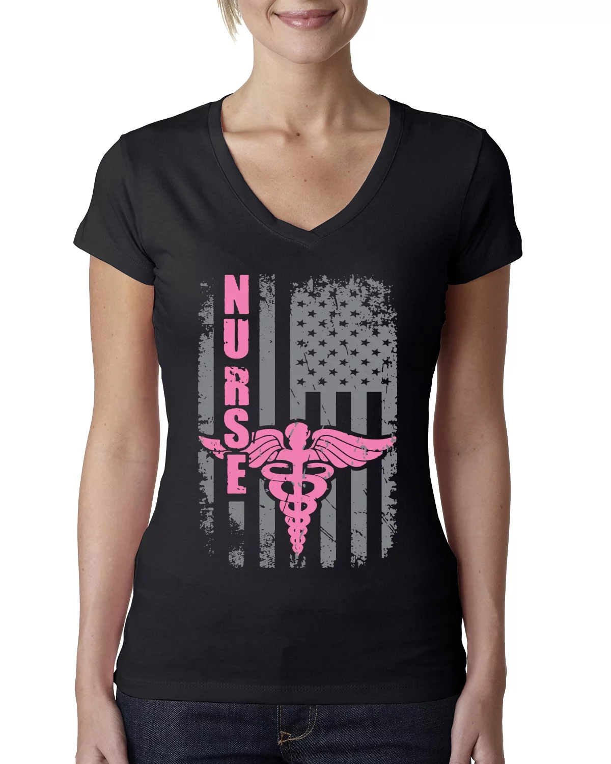 Nurse Grunge American Flag | Womens Independence Day Slim Fit Junior V-Neck Tee, Black, Small