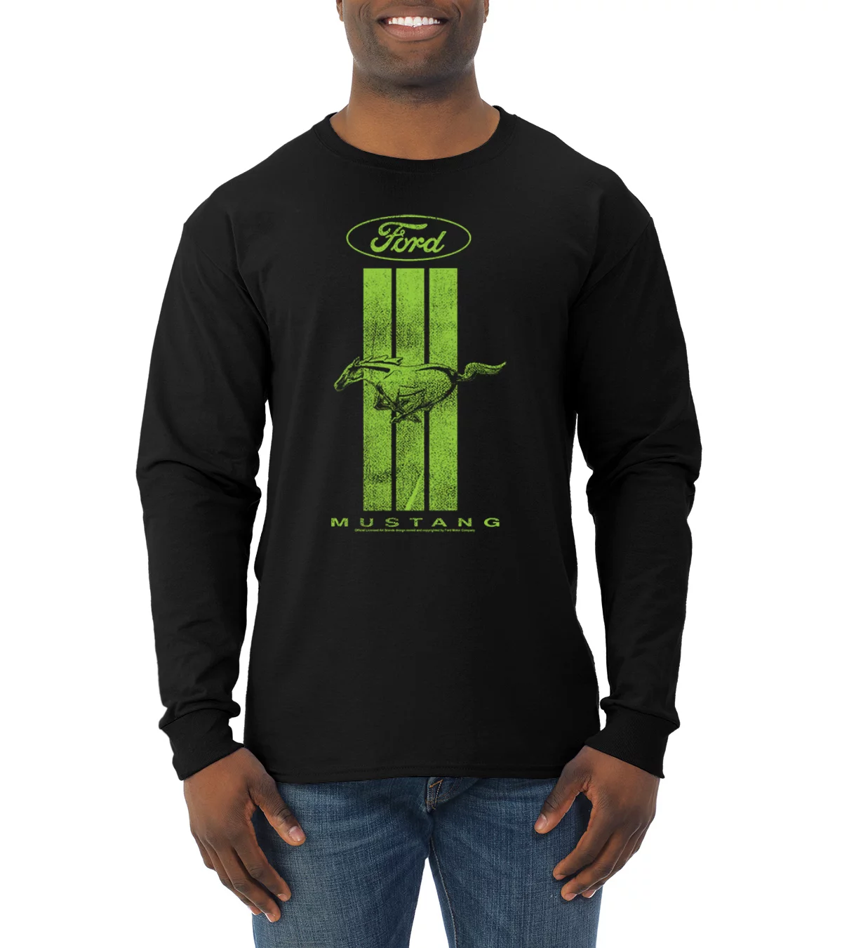 Green Striped Ford Mustang | Mens Cars and Trucks Long Sleeve T-Shirt, Black, Small