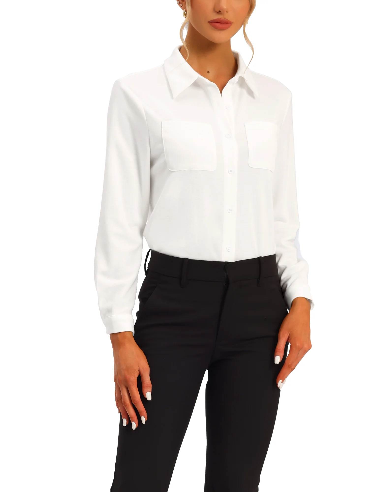 Allegra K Button Down Shirts for Women's Point Collar Long Sleeve Casual Knit Top
