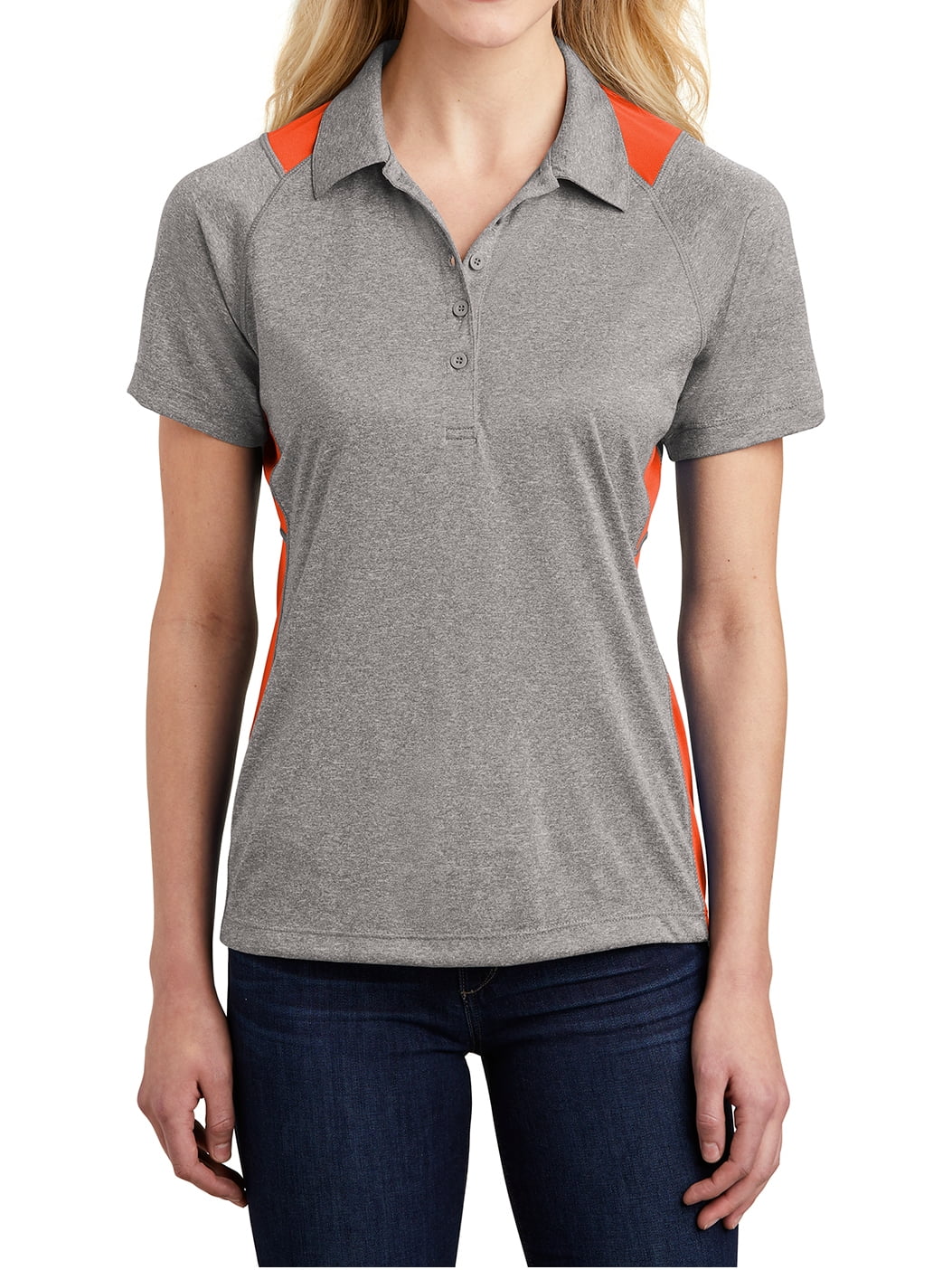 Mafoose Women's Heather Colorblock Contender Polo Vintage Heather/ Deep Orange X-Large