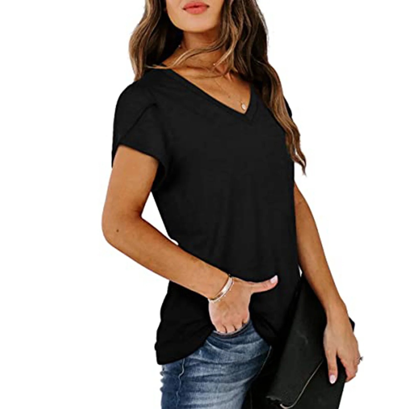 ICQOVD Womens Tops Solid V-Neck Basic Summer Petal Short Sleeve T Shirts