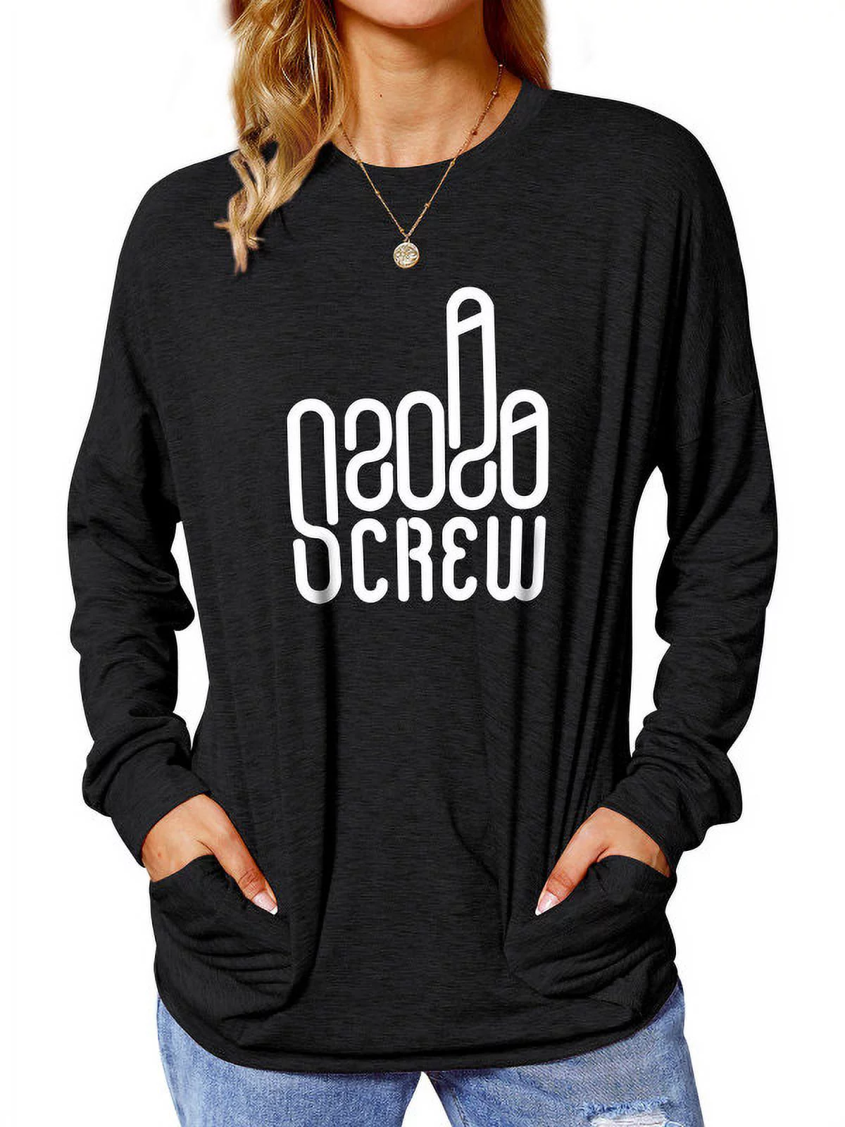 TWZH Women Screw 2020 Letter Print Pocket Crew Neck Long Sleeves Sweatshirt Top