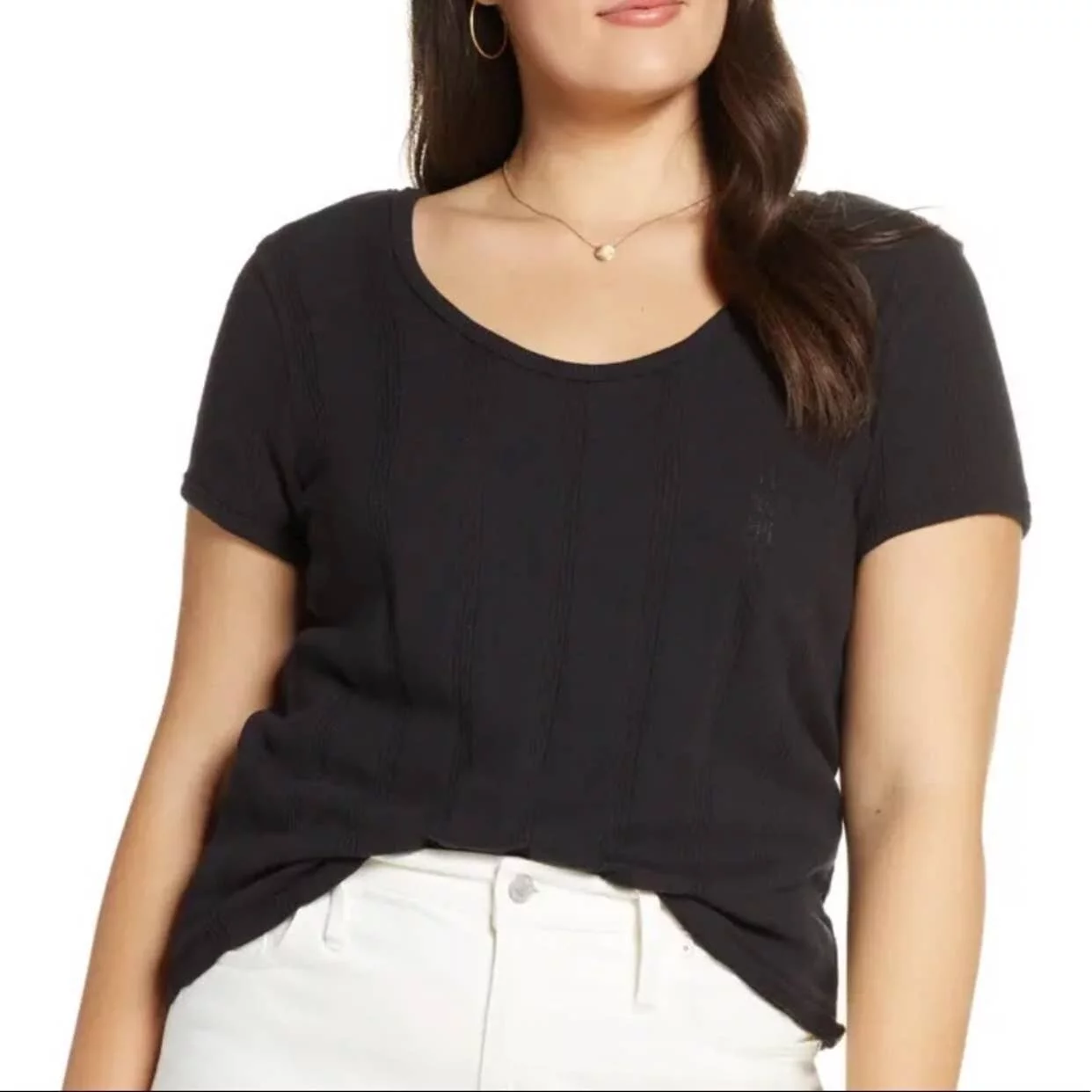 Madewell Women's Pointelle Short Sleeve Ribbed T-Shirts Top Black XL, $40 NWT