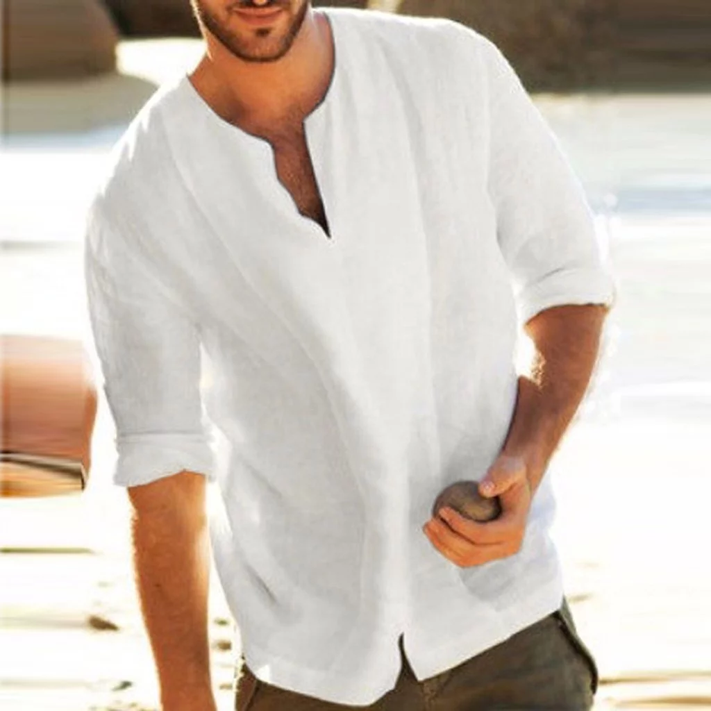 Mens Dress Shirts Slim Fit Men'S Baggy Cotton Blend Solid Color Three Quarter V Neck T-Shirts Tops Blouses