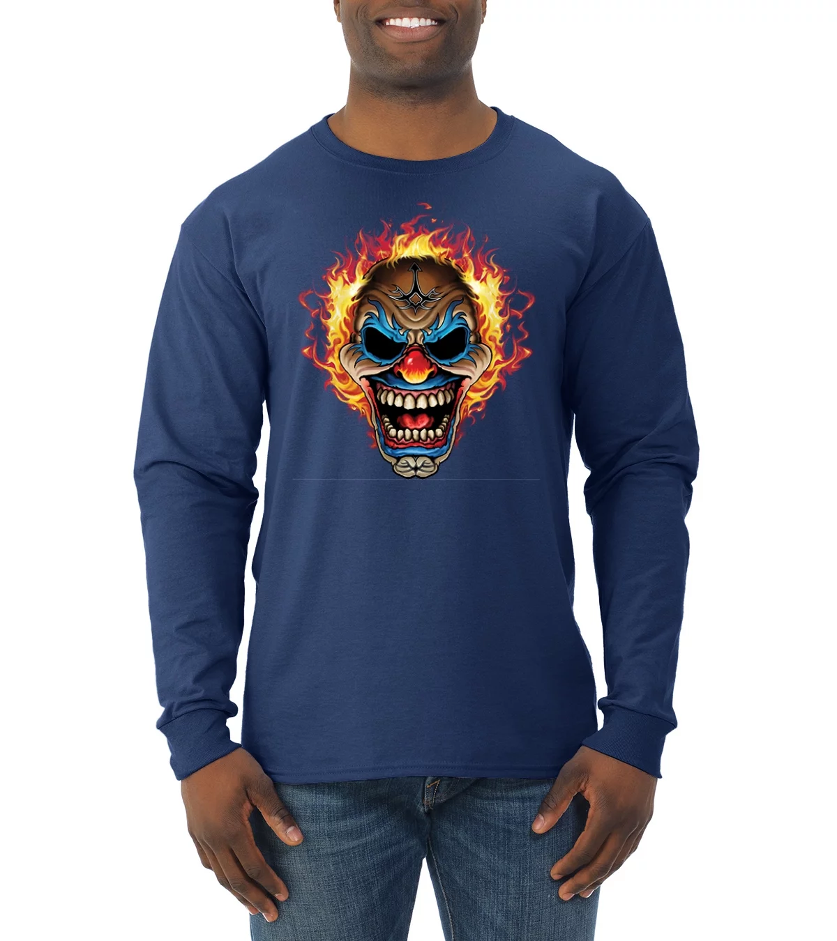 Flaming Laughing Fierce Clown | Mens Cars and Trucks Long Sleeve T-Shirt, Navy, 2XL