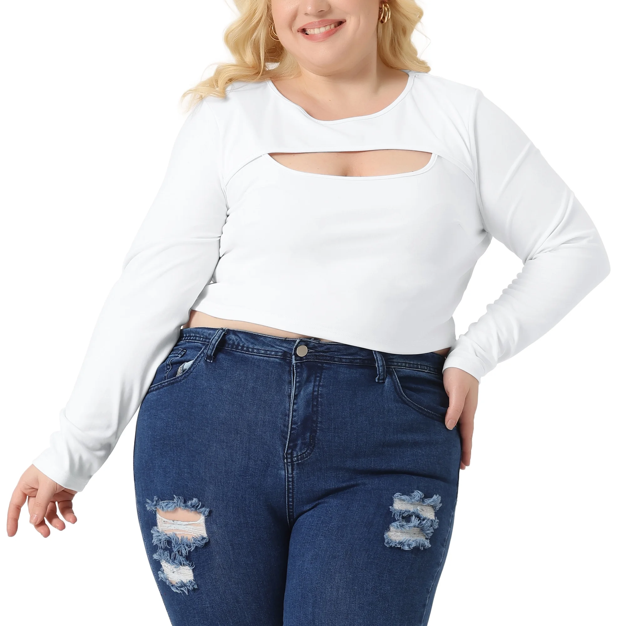 Unique Bargains Women Plus?Size Long Sleeve Round Neck Cut Out Front Fitted T-Shirts 1X White