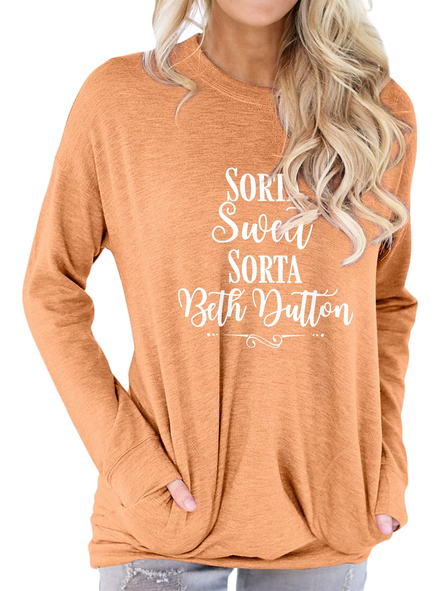 TWZH Women Sorta Sweet Beth Dutton Letter Print Crew Neck Shirt with Pockets