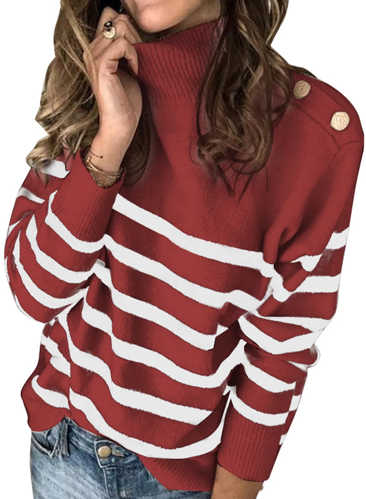 Sidefeel Women's Long Sleeve Knitted Sweater Casual Striped Turtleneck Jumper Tops Red M 8-10